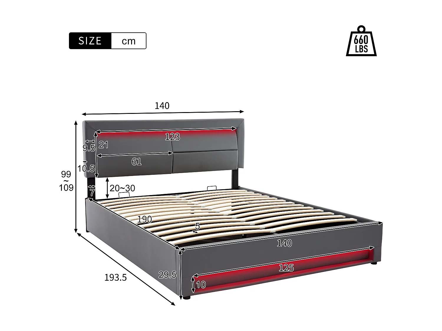 Lit coffre 140 x 190 avec tête de lit - Prises USB et LEDs - Cuir PU - Sommier à lattes - Gris(sans matelas)