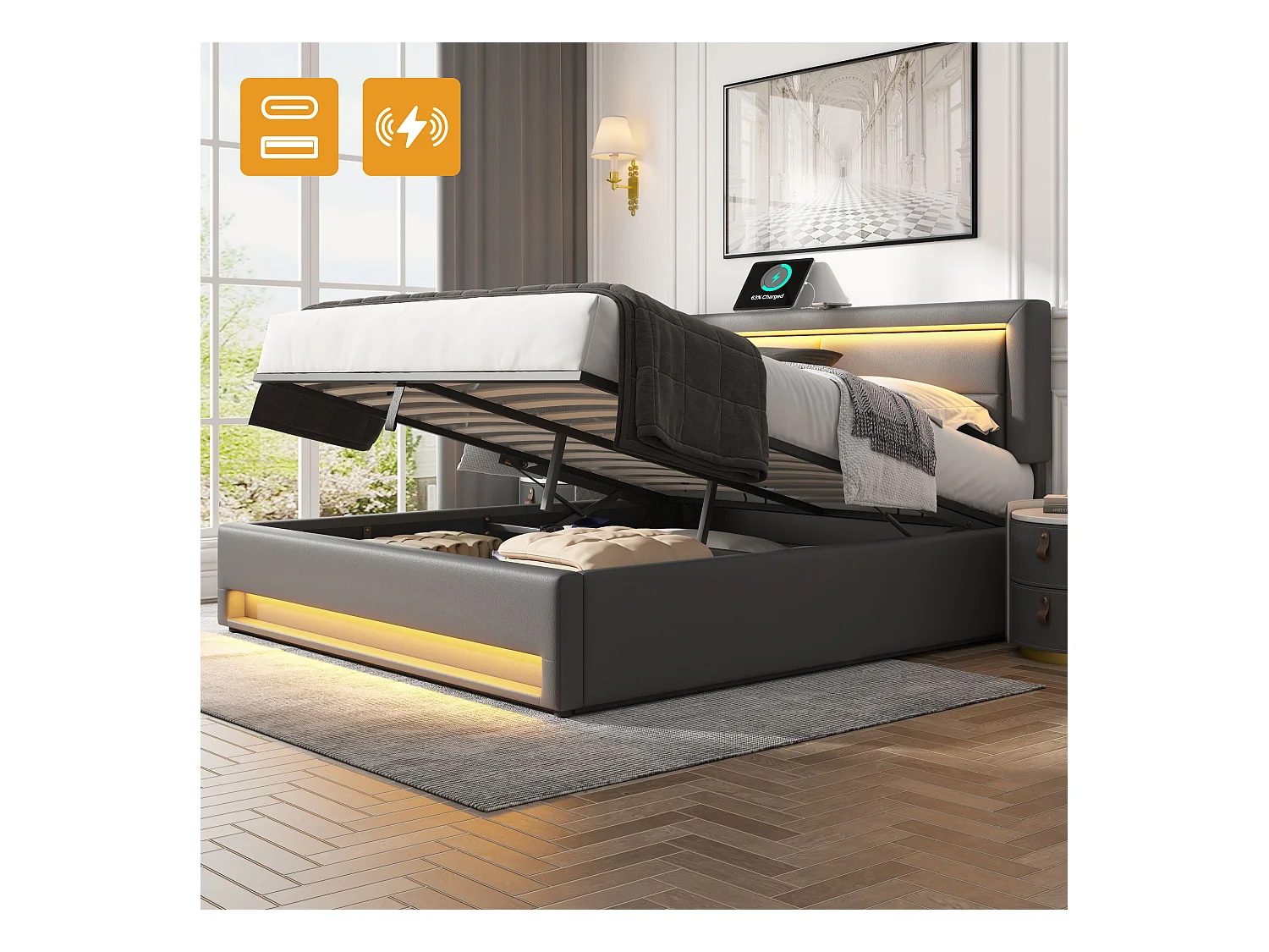 Lit coffre 140 x 190 avec tête de lit - Prises USB et LEDs - Cuir PU - Sommier à lattes - Gris(sans matelas)