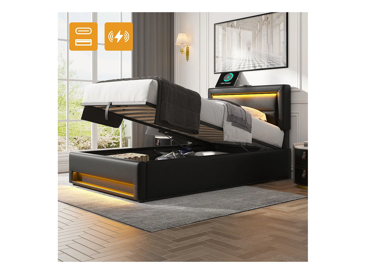 Bettkasten 90 x 200 cm mit Kopfteil – USB- und LED-Steckdosen – PU-Leder – Lattenrost – Schwarz (ohne Matratze)