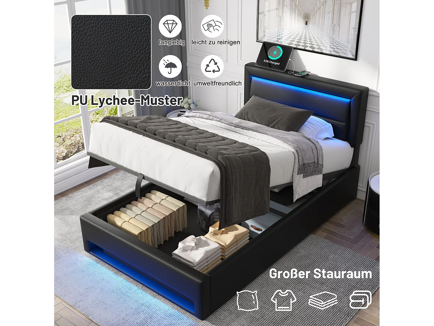 Bettkasten 90 x 200 cm mit Kopfteil – USB- und LED-Steckdosen – PU-Leder – Lattenrost – Schwarz (ohne Matratze)