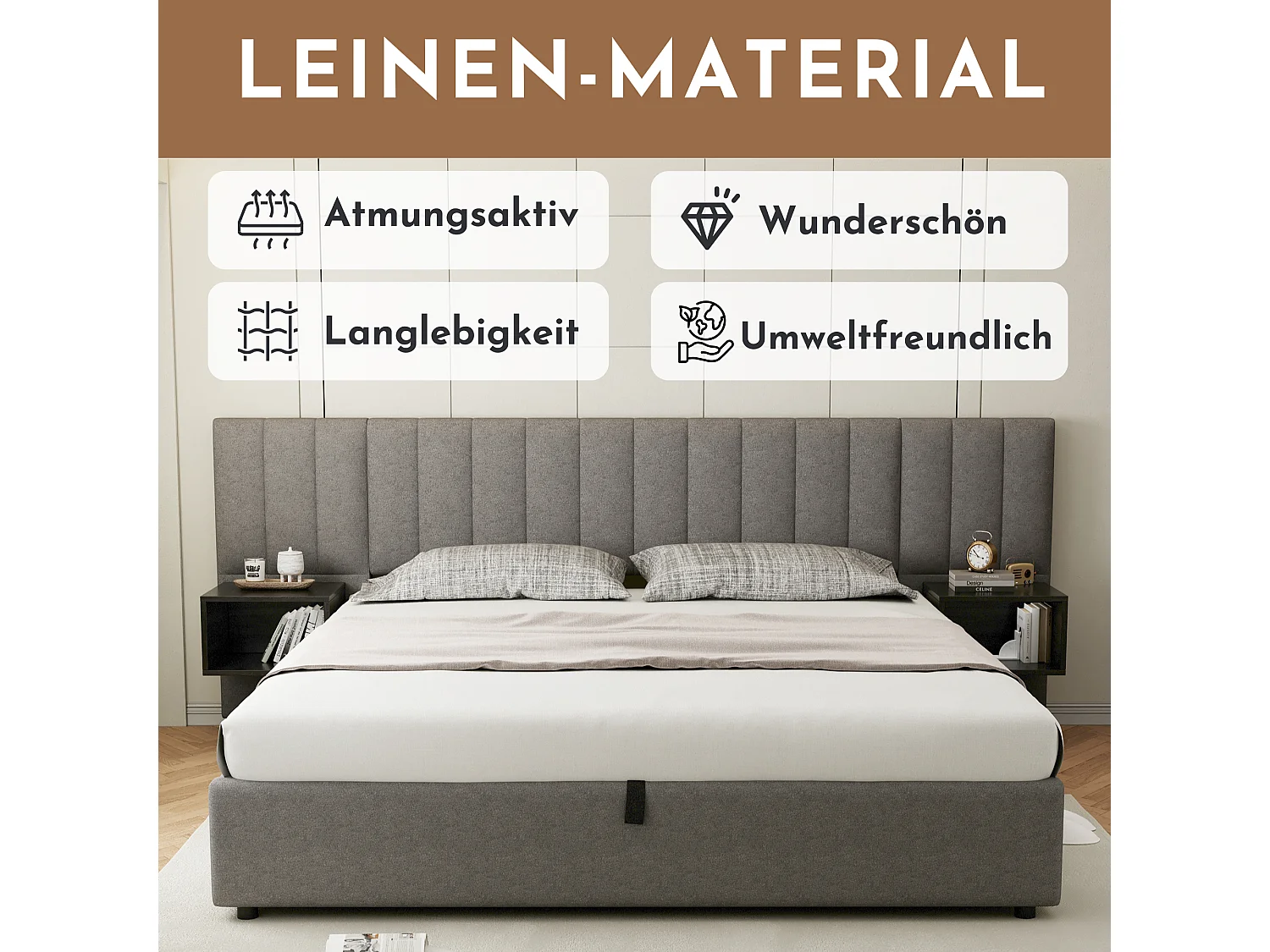 Opbergbed 160 x 200 cm met groot hoofdeinde en 2 nachtkastjes - Linnen stof - Grijs + zwart (zonder matras)