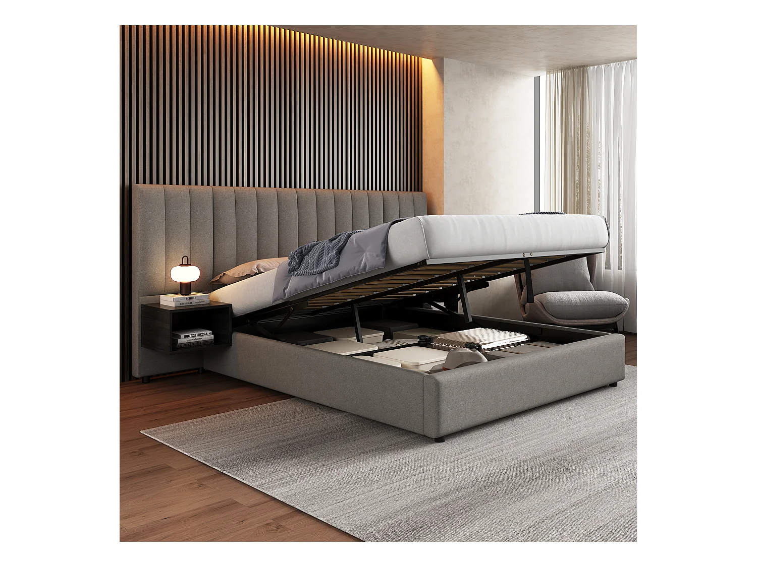 Opbergbed 160 x 200 cm met groot hoofdeinde en 2 nachtkastjes - Linnen stof - Grijs + zwart (zonder matras)