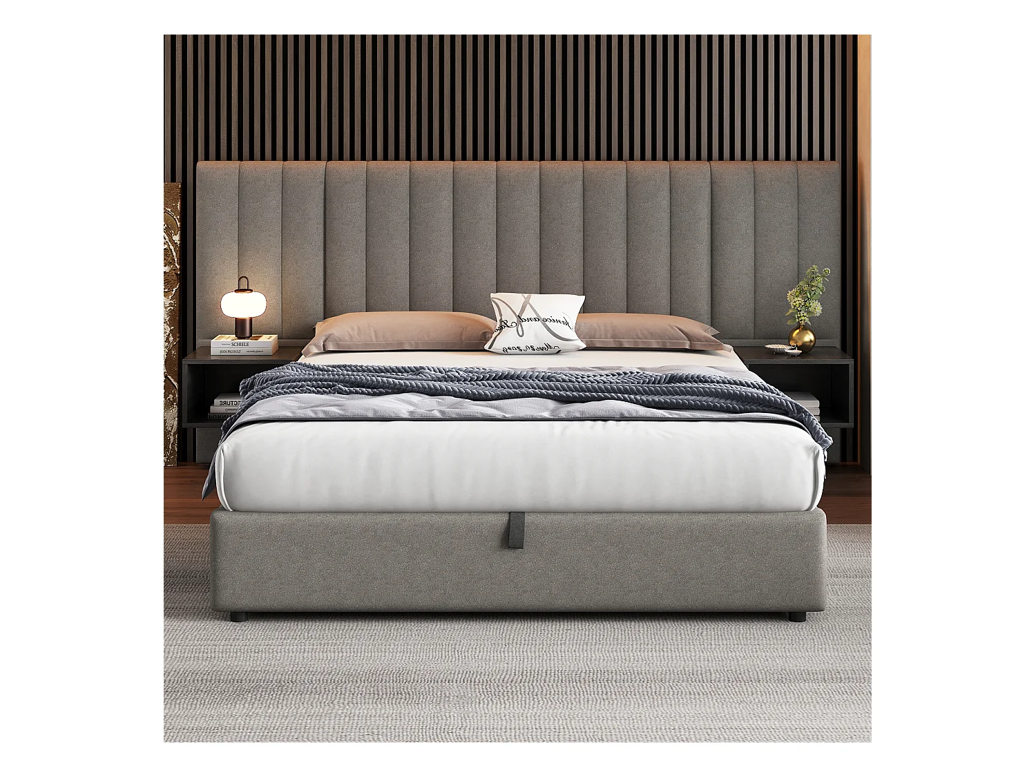 Lit coffre 160 x 200 cm avec grande tête de it et 2 tables de chevet - Tissu en lin - Gris + noir (sans matelas)