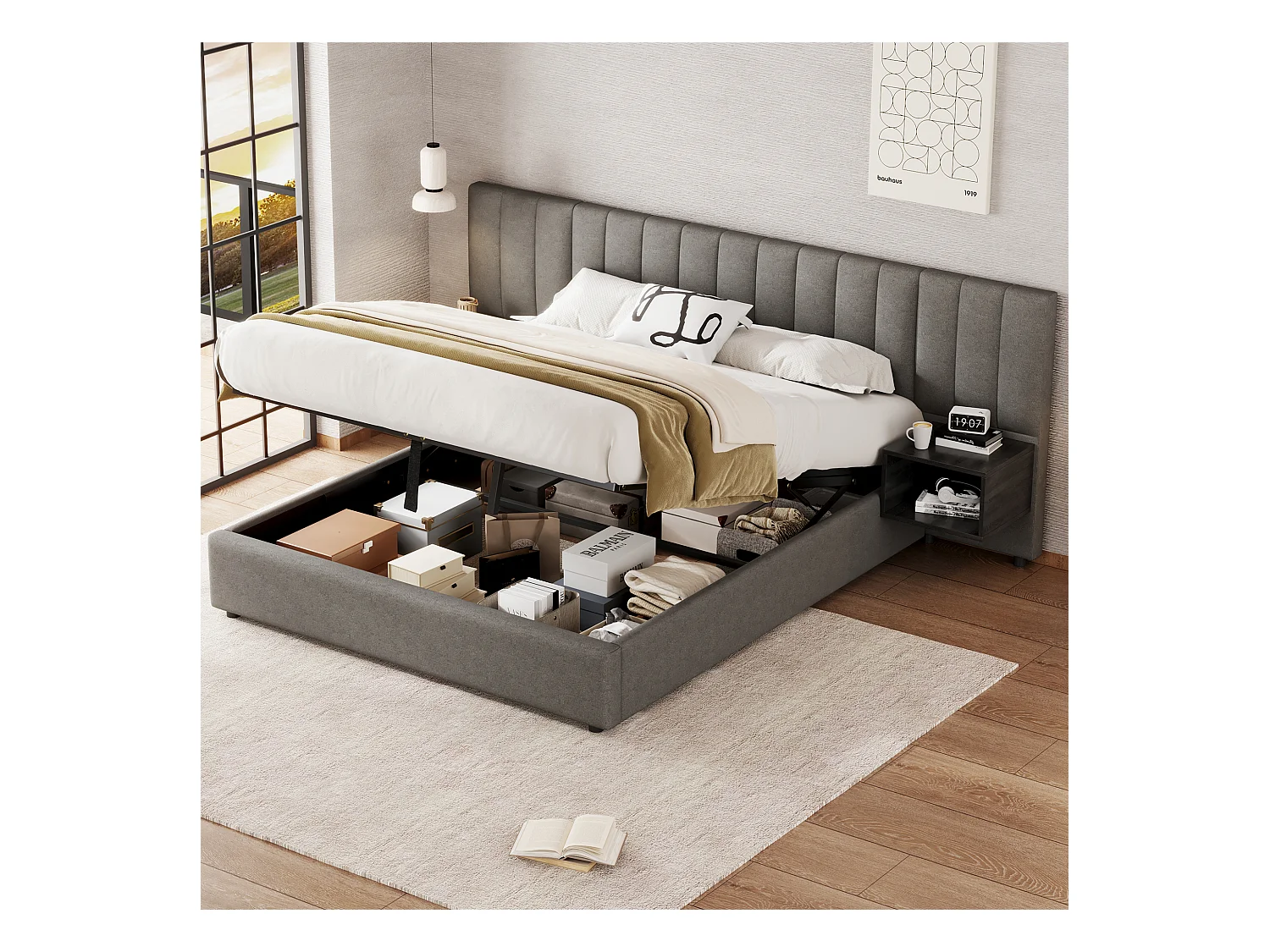 Lit coffre 160 x 200 cm avec grande tête de it et 2 tables de chevet - Tissu en lin - Gris + noir (sans matelas)