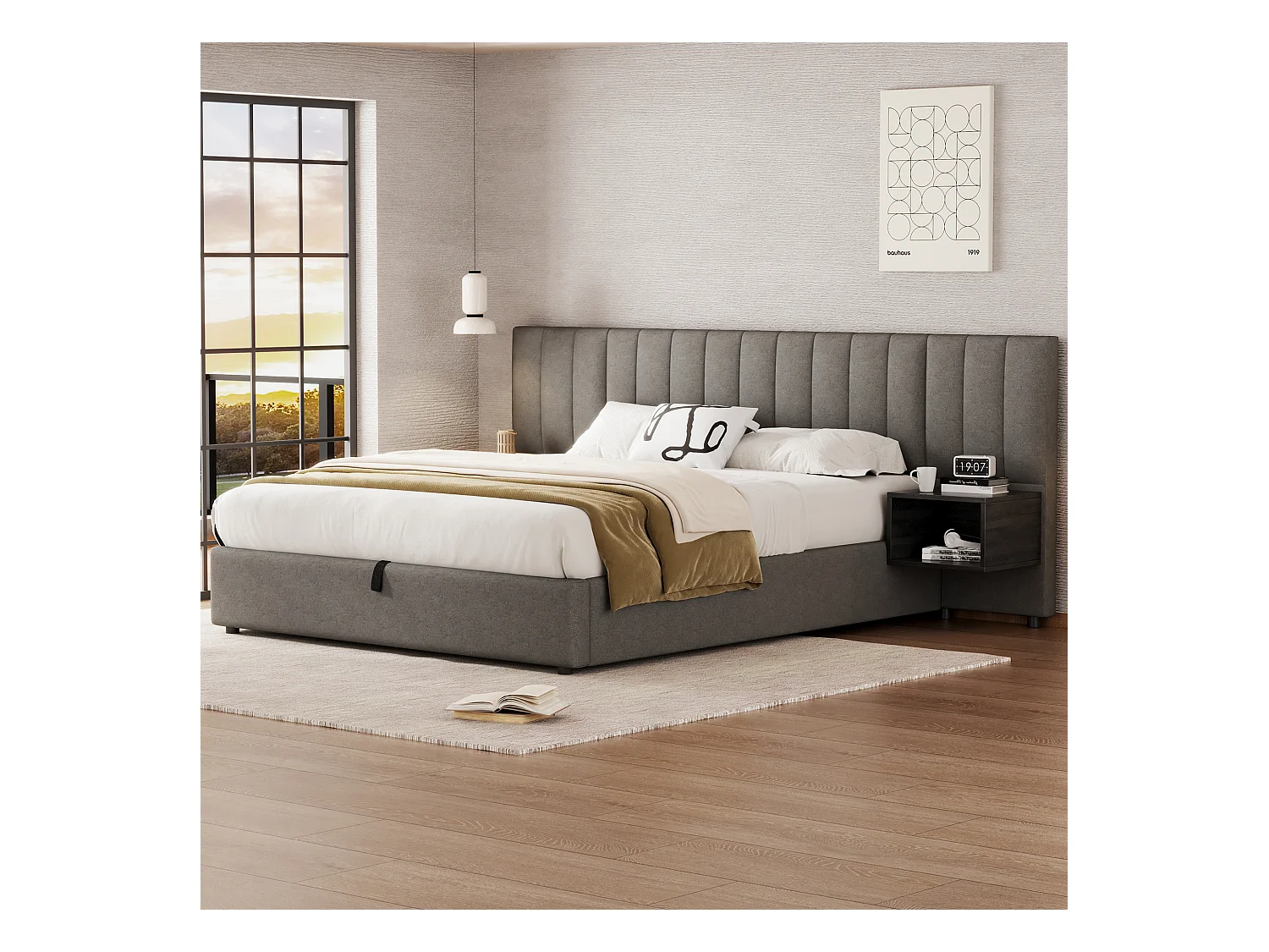 Lit coffre 160 x 200 cm avec grande tête de it et 2 tables de chevet - Tissu en lin - Gris + noir (sans matelas)