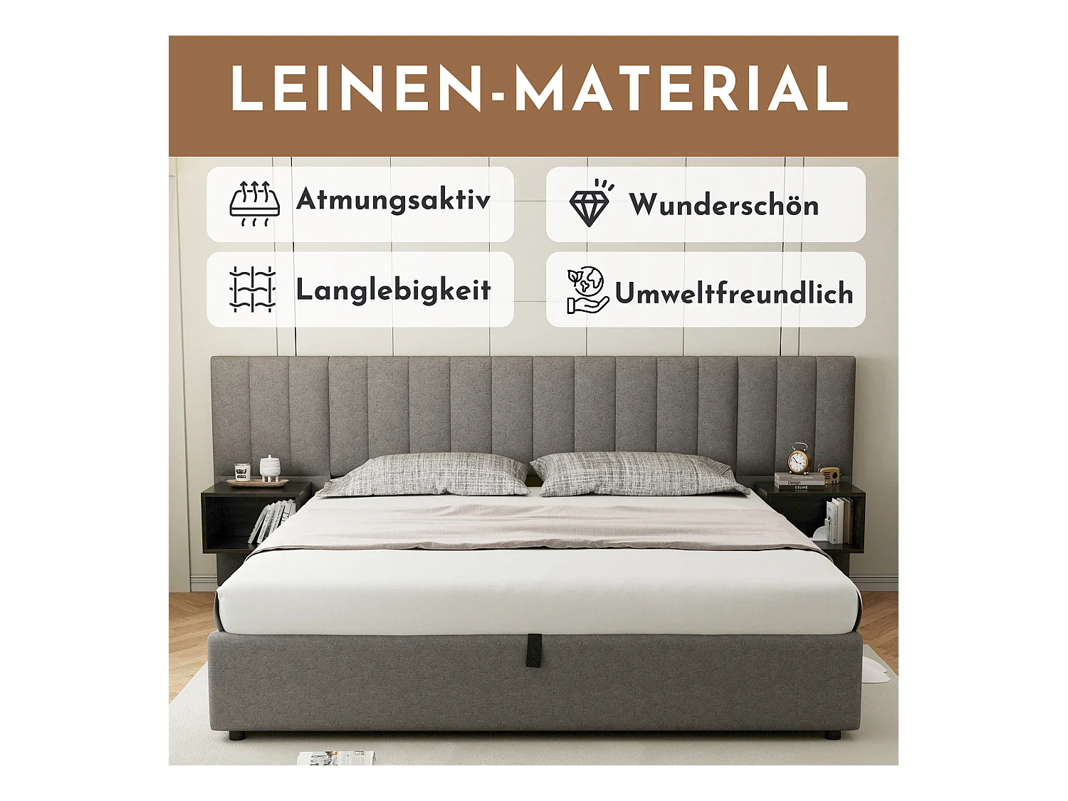 Lit coffre 160 x 200 cm avec grande tête de it et 2 tables de chevet - Tissu en lin - Gris + noir (sans matelas)