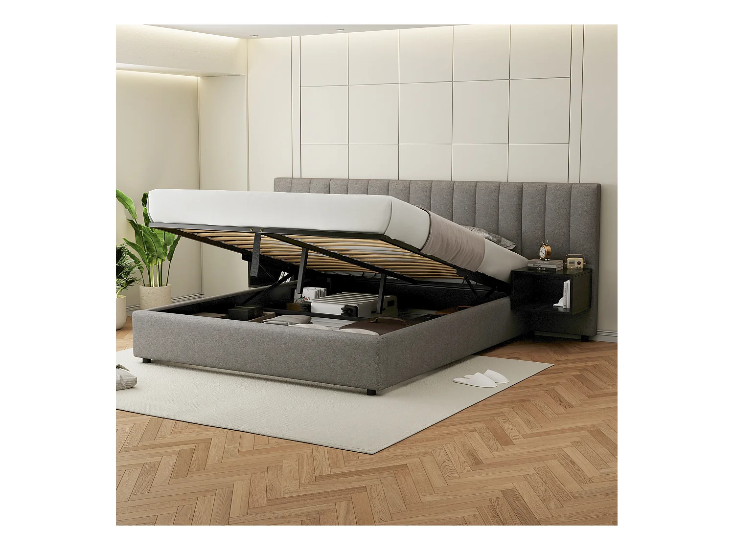 Lit coffre 160 x 200 cm avec grande tête de it et 2 tables de chevet - Tissu en lin - Gris + noir (sans matelas)