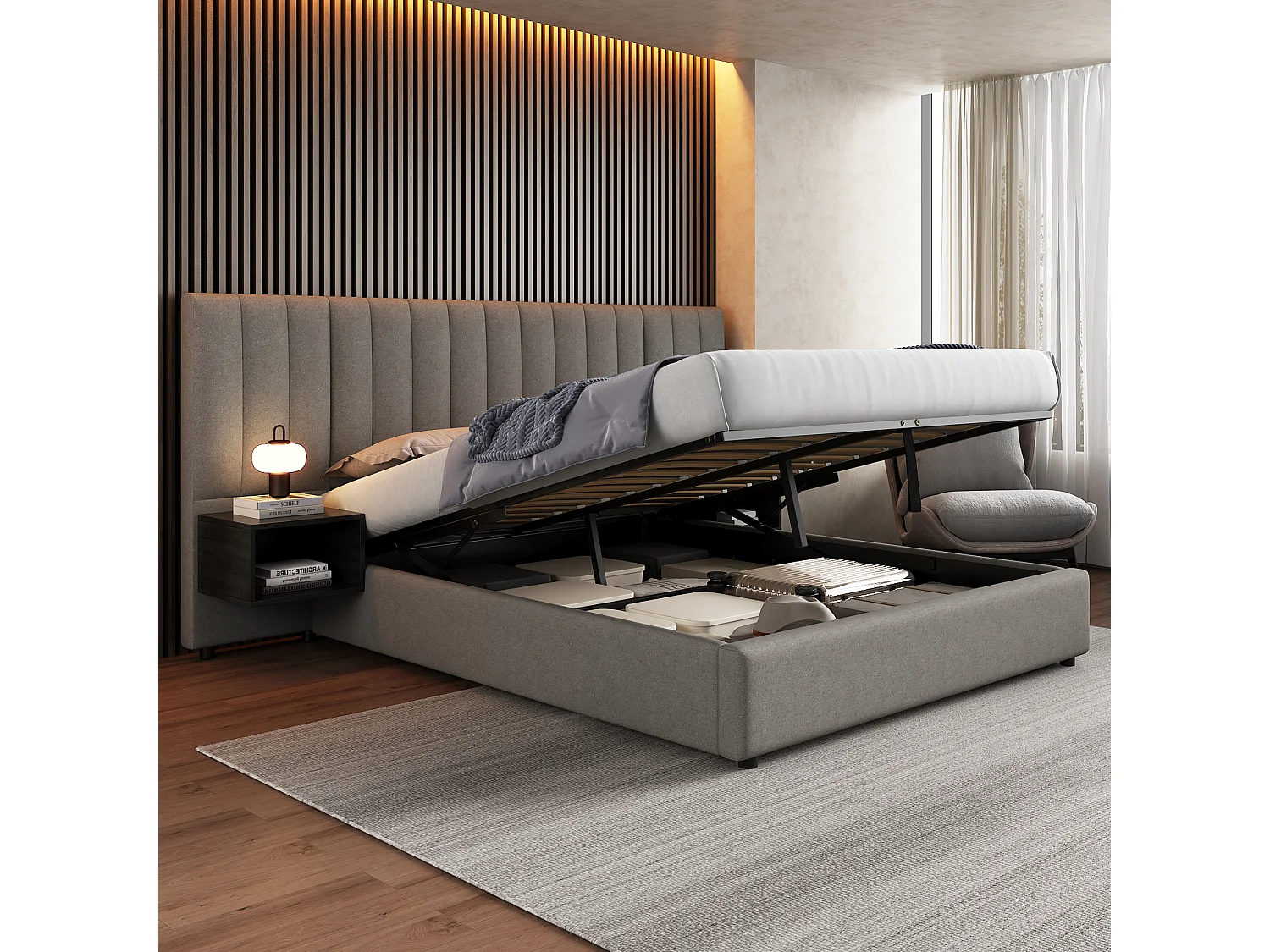 Lit coffre 160 x 200 cm avec grande tête de it et 2 tables de chevet - Tissu en lin - Gris + noir (sans matelas)