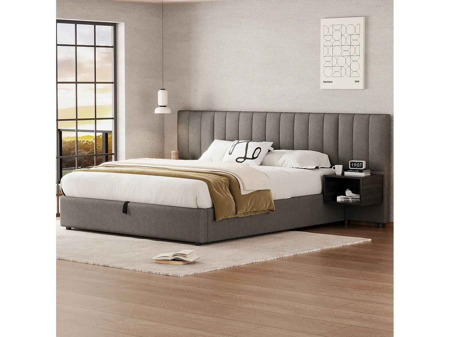 Lit coffre 160 x 200 cm avec grande tête de it et 2 tables de chevet - Tissu en lin - Gris + noir (sans matelas)