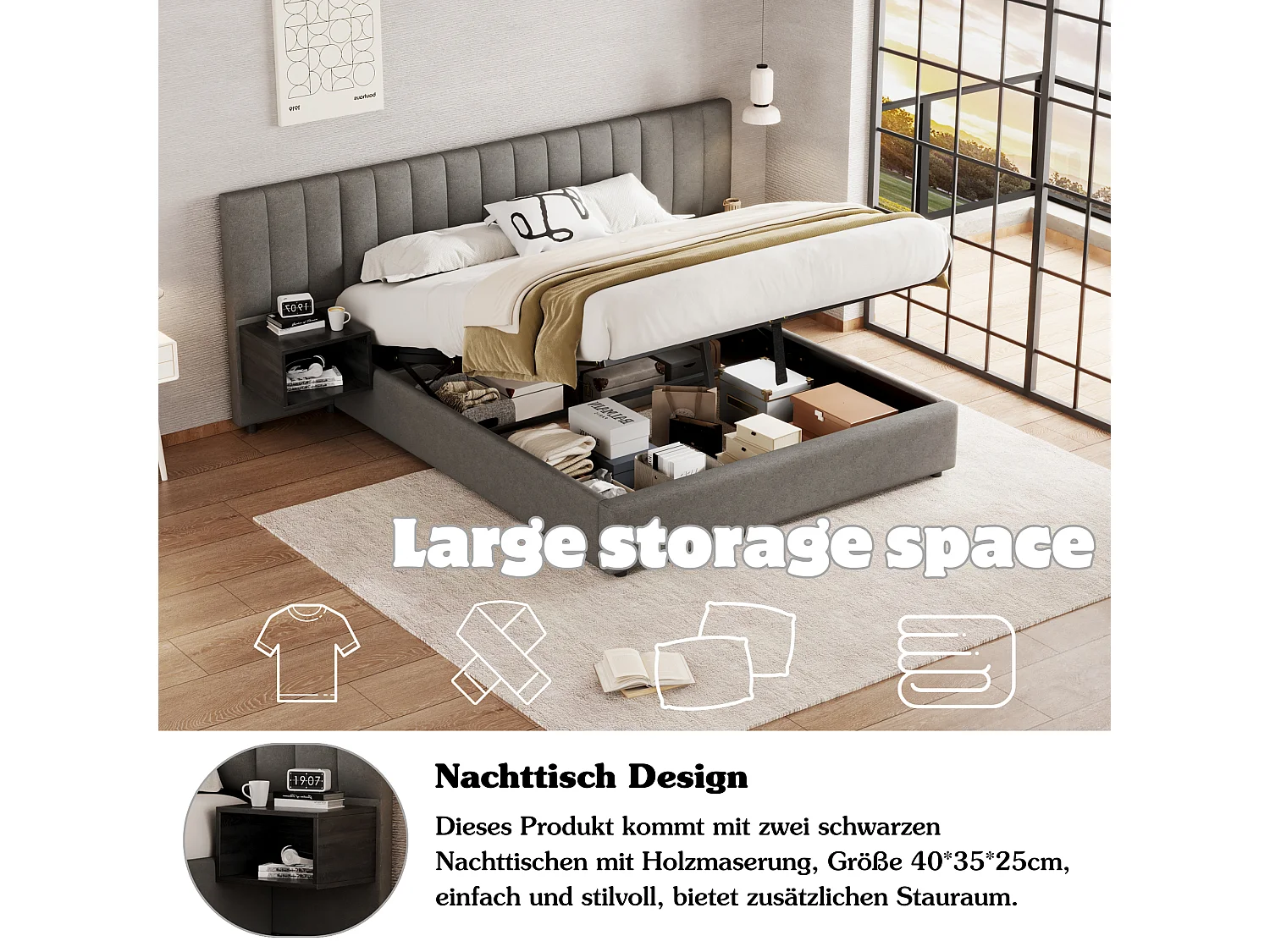 Lit coffre 160 x 200 cm avec grande tête de it et 2 tables de chevet - Tissu en lin - Gris + noir (sans matelas)