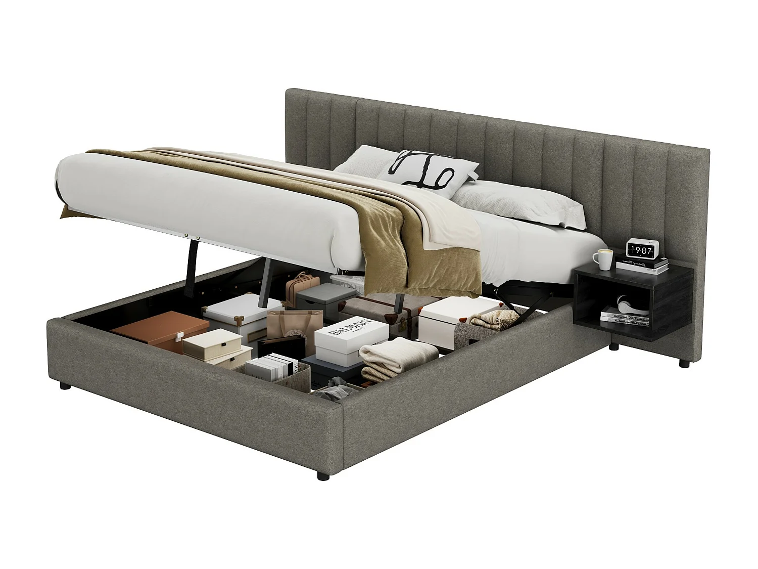 Lit coffre 160 x 200 cm avec grande tête de it et 2 tables de chevet - Tissu en lin - Gris + noir (sans matelas)