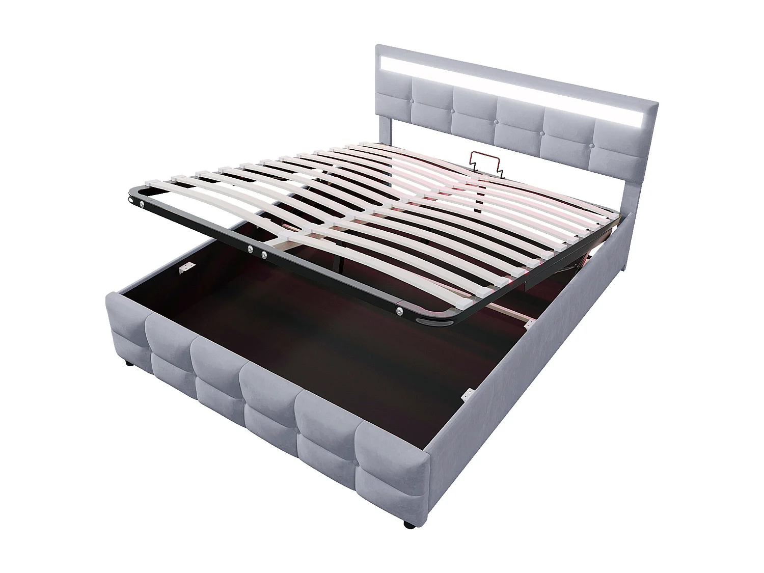 Lit coffre 180 x 200 cm avec tête de lit - LEDs - Velours - Sommier à lattes - Gris (sans matelas)