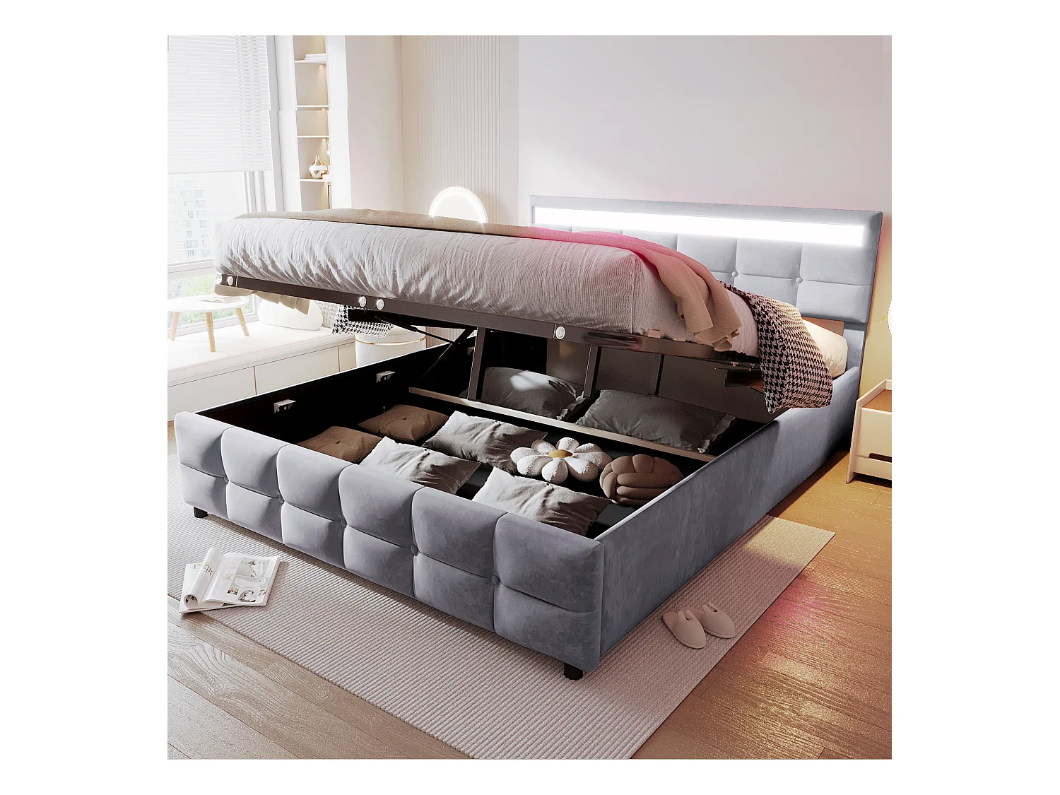 Lit coffre 180 x 200 cm avec tête de lit - LEDs - Velours - Sommier à lattes - Gris (sans matelas)