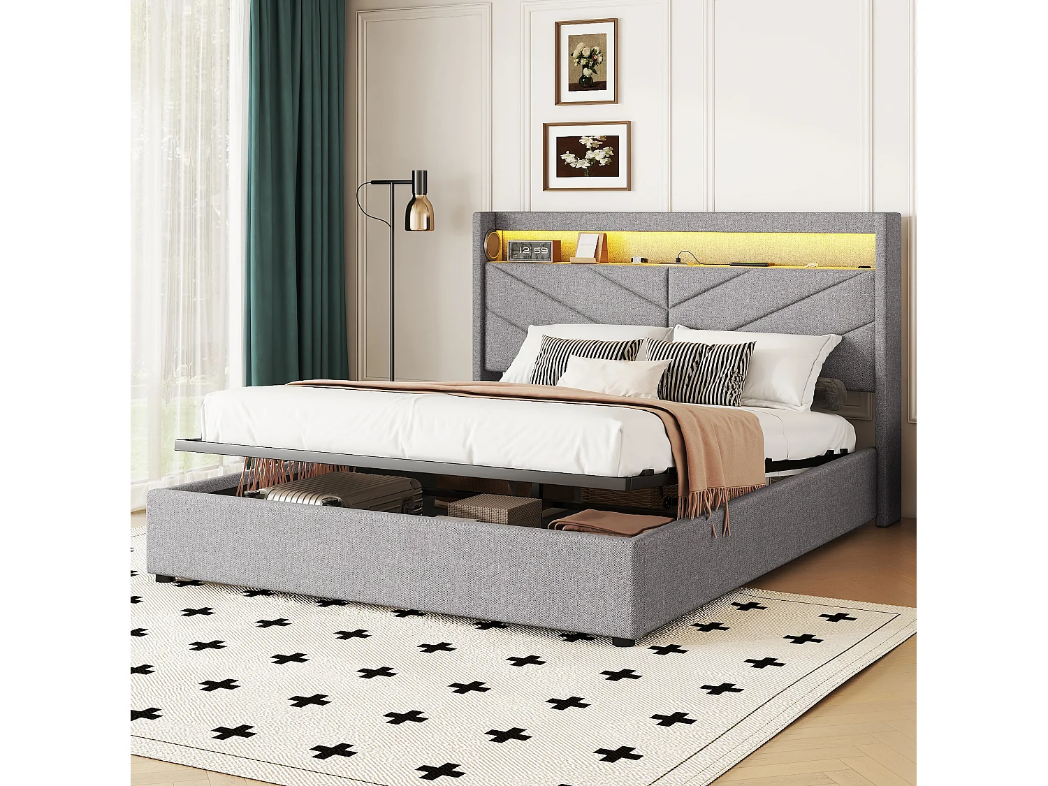 Opbergbed 160 x 200 cm met hoofdeinde - LED's en USB-aansluiting - Linnenstof - Lattenbodem - Grijs (zonder matras)