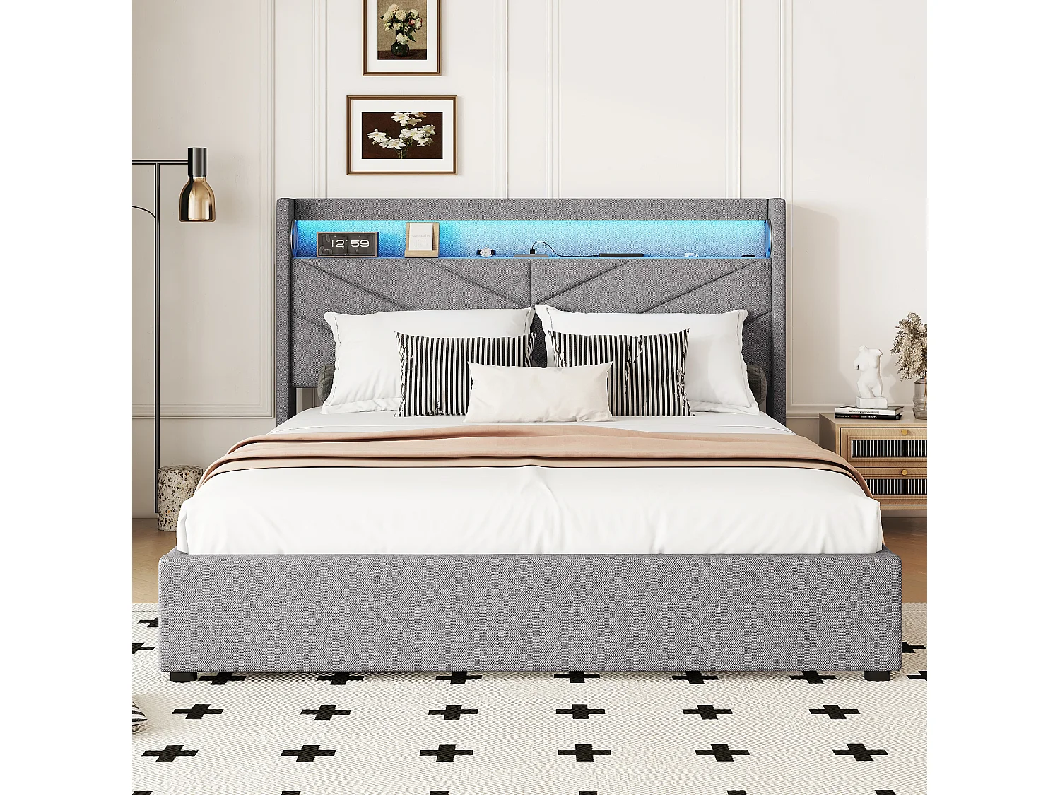 Opbergbed 160 x 200 cm met hoofdeinde - LED's en USB-aansluiting - Linnenstof - Lattenbodem - Grijs (zonder matras)