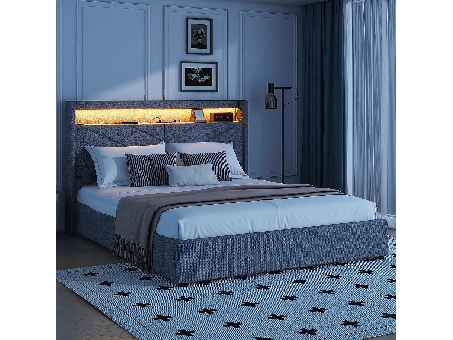 Opbergbed 160 x 200 cm met hoofdeinde - LED's en USB-aansluiting - Linnenstof - Lattenbodem - Grijs (zonder matras)