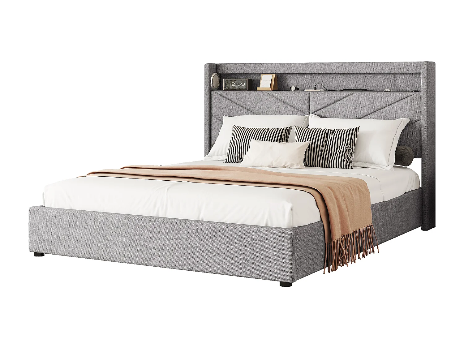 Opbergbed 160 x 200 cm met hoofdeinde - LED's en USB-aansluiting - Linnenstof - Lattenbodem - Grijs (zonder matras)