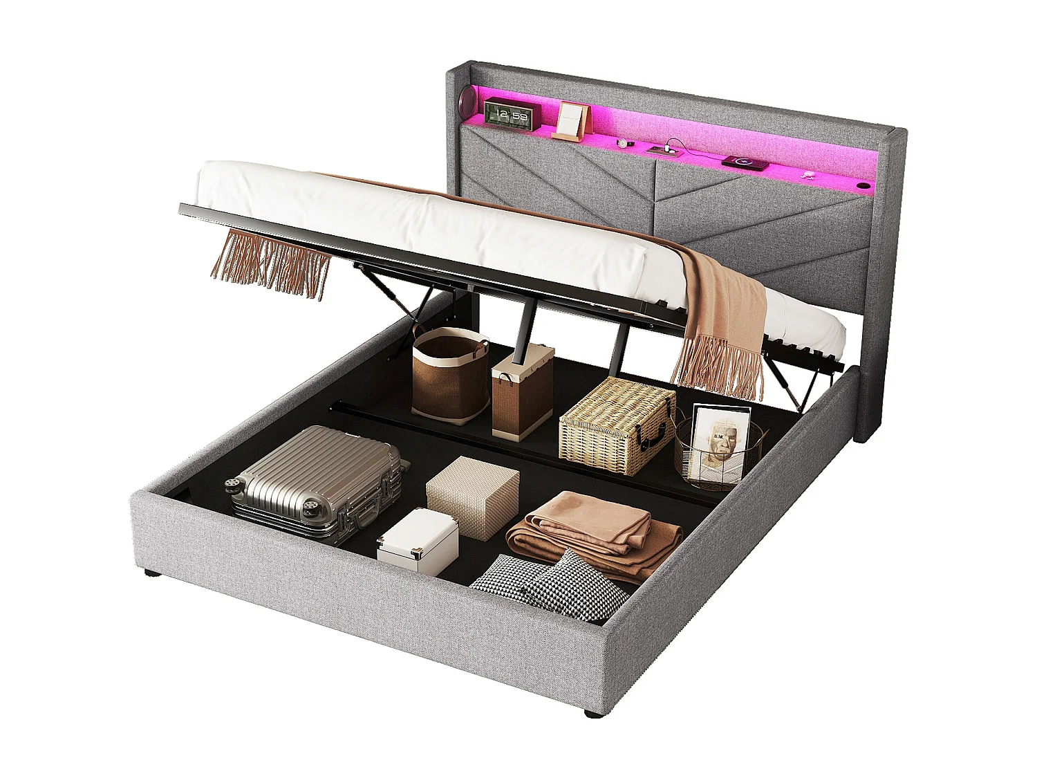 Opbergbed 160 x 200 cm met hoofdeinde - LED's en USB-aansluiting - Linnenstof - Lattenbodem - Grijs (zonder matras)