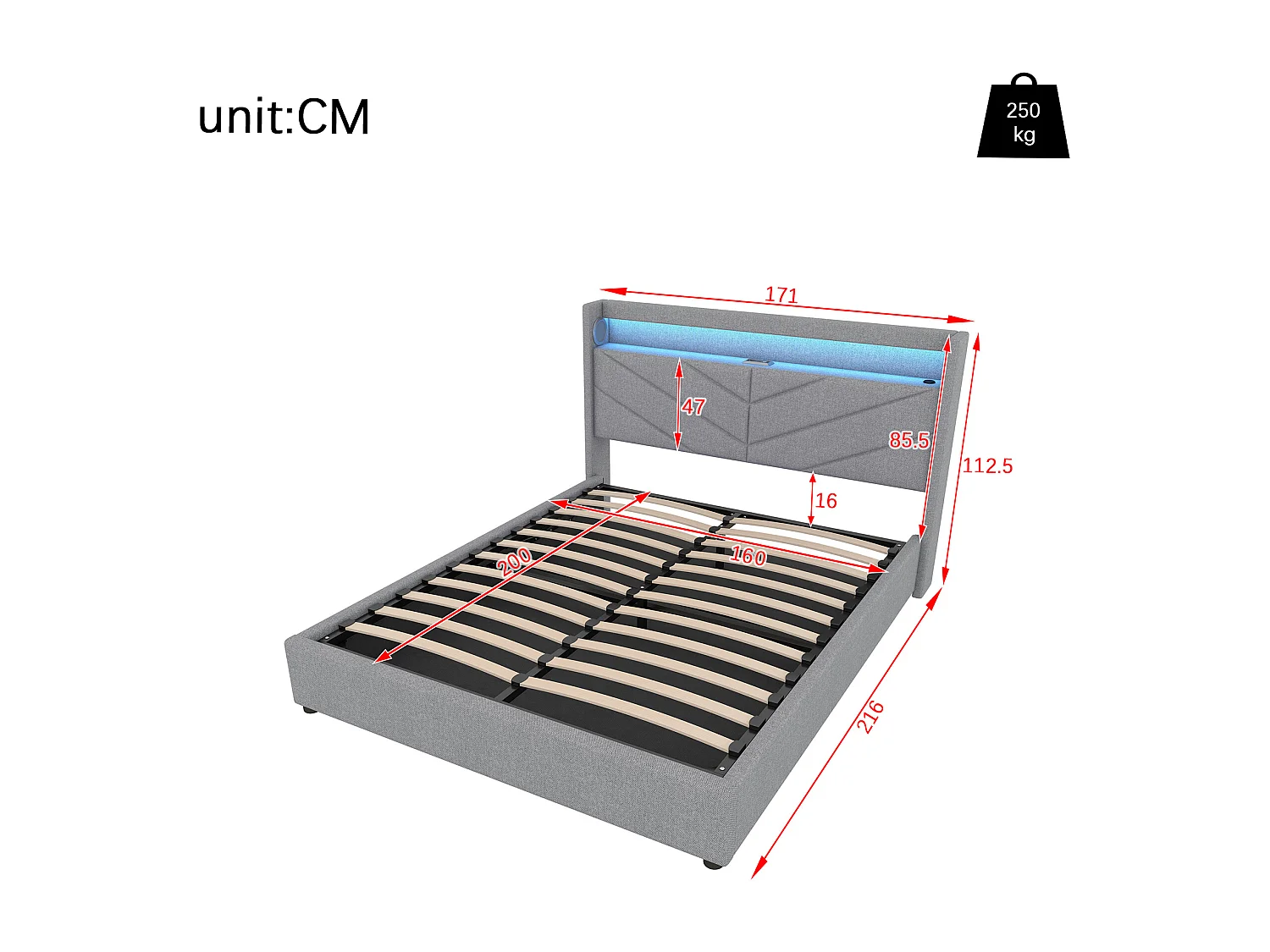 Opbergbed 160 x 200 cm met hoofdeinde - LED's en USB-aansluiting - Linnenstof - Lattenbodem - Grijs (zonder matras)