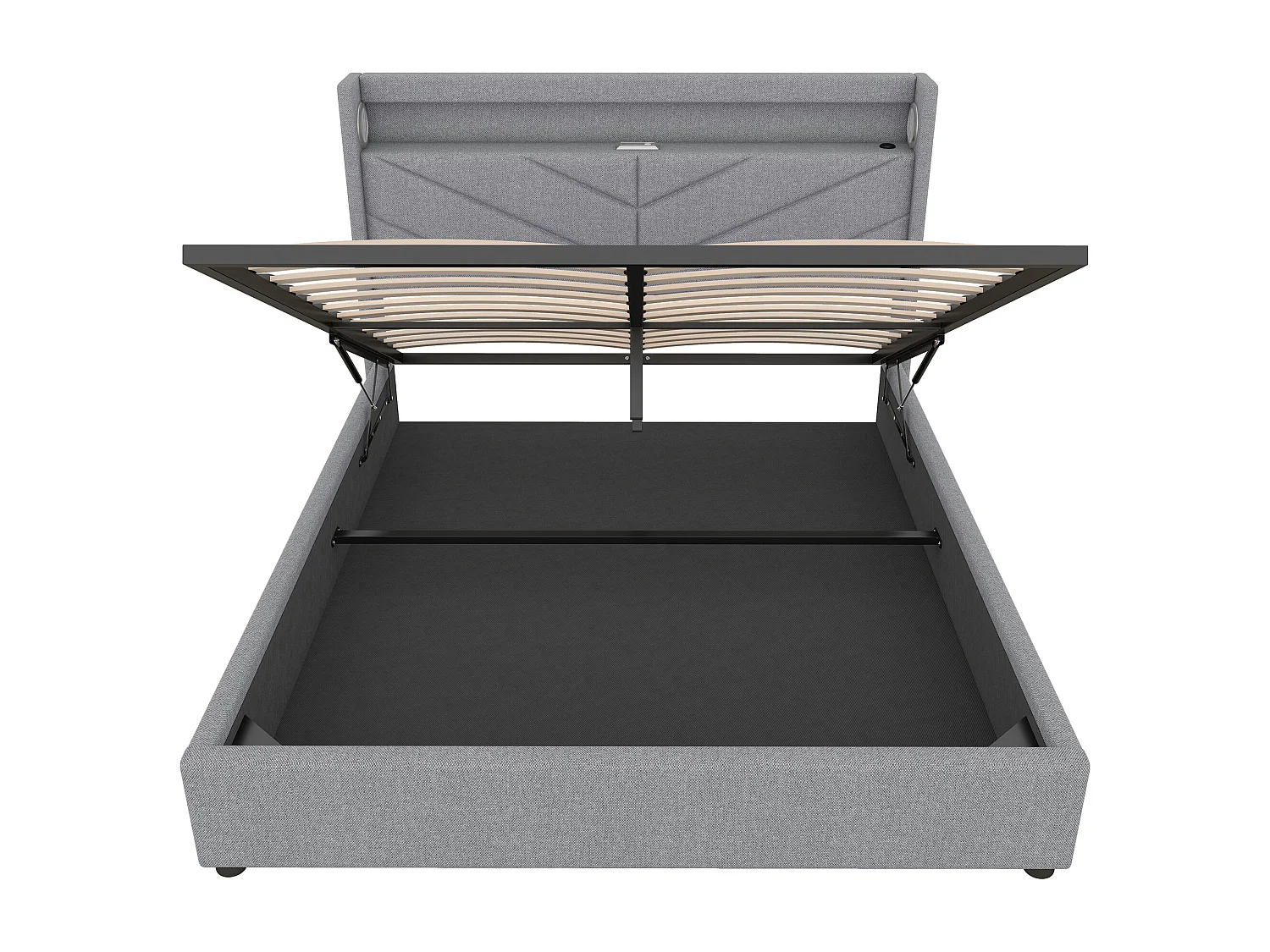 Opbergbed 160 x 200 cm met hoofdeinde - LED's en USB-aansluiting - Linnenstof - Lattenbodem - Grijs (zonder matras)