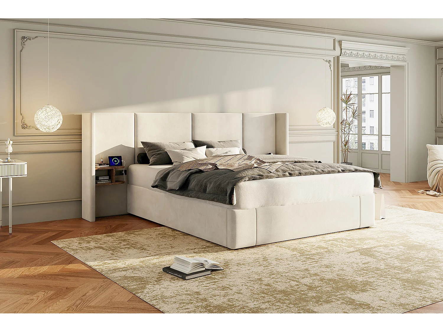 Lit coffre 160 x 200 cm avec grand tête de lit - 2 tables de chevet et port USB - Velours - Beige(sans matelas)