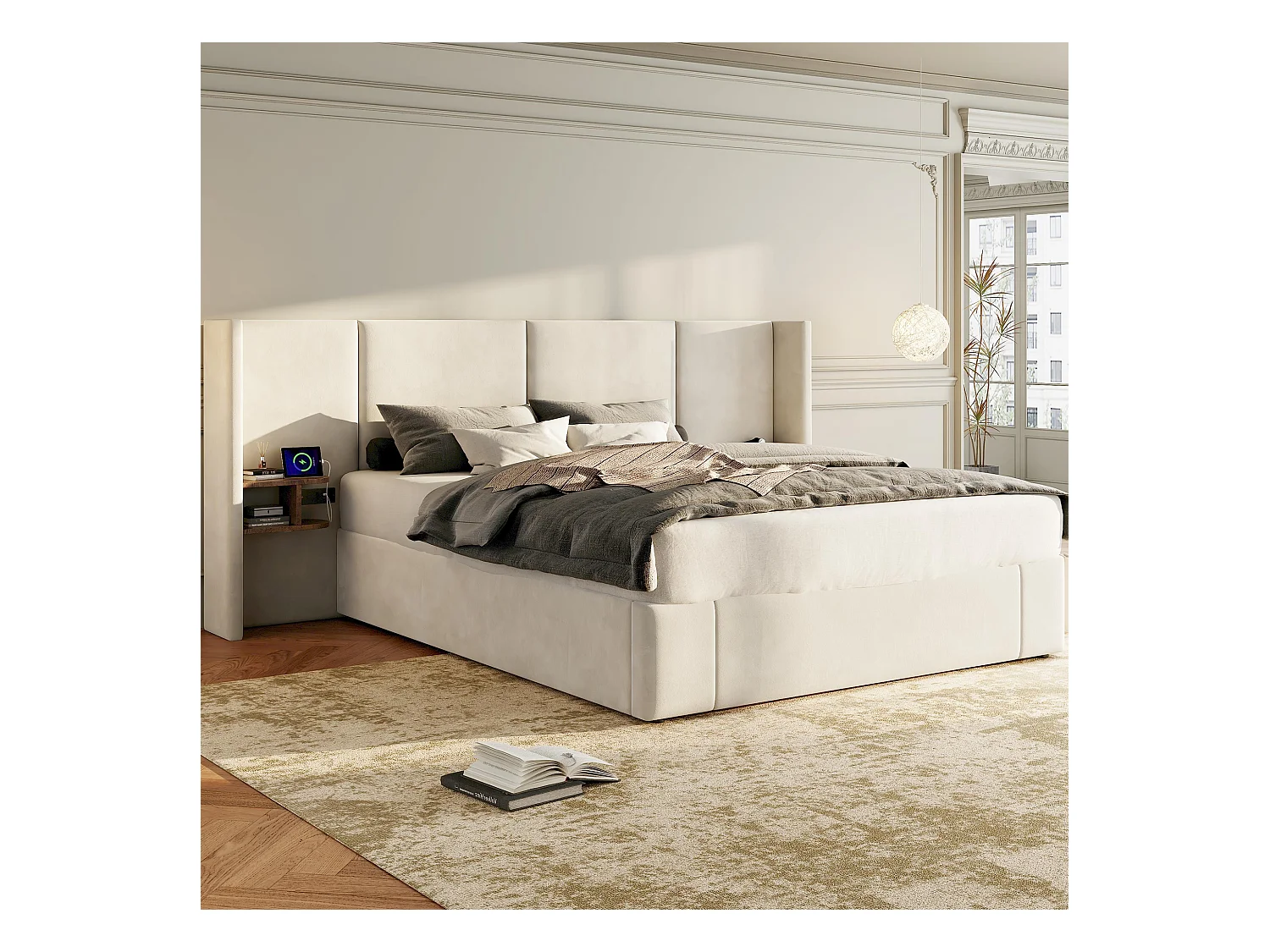 Opbergbed 160 x 200 cm met groot hoofdbord - 2 nachtkastjes en USB-poort - Fluweel - Beige (zonder matras)