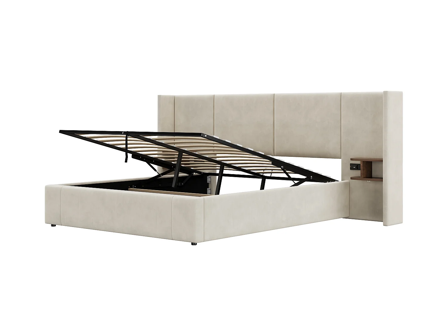Lit coffre 160 x 200 cm avec grand tête de lit - 2 tables de chevet et port USB - Velours - Beige(sans matelas)