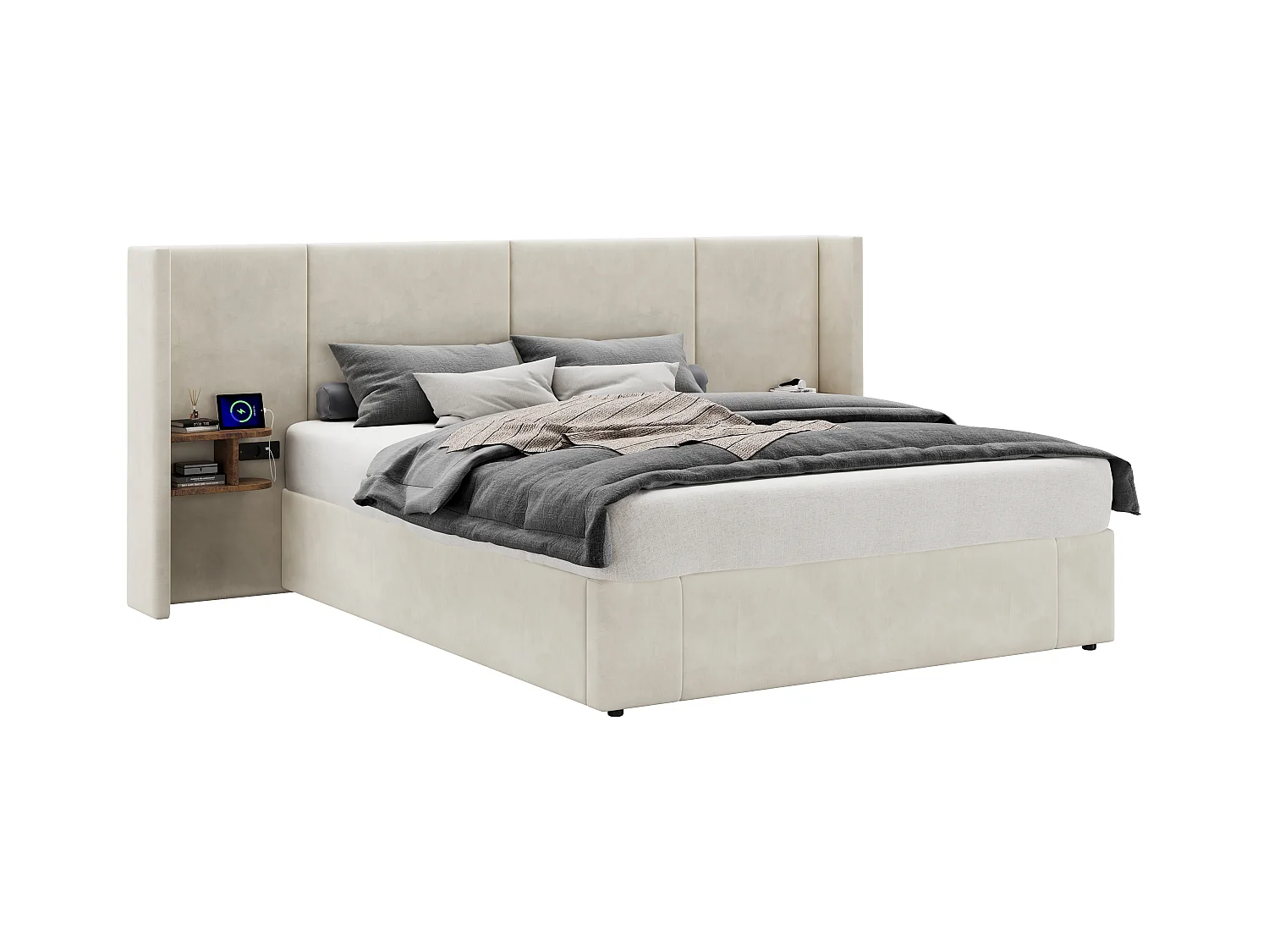 Lit coffre 160 x 200 cm avec grand tête de lit - 2 tables de chevet et port USB - Velours - Beige(sans matelas)