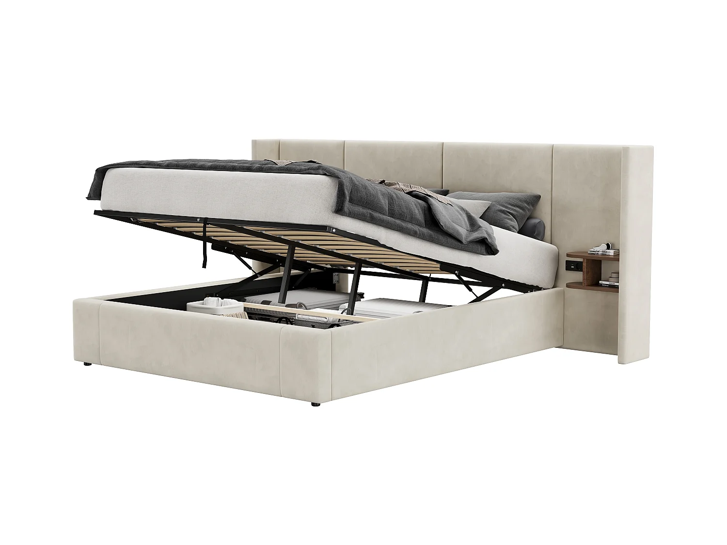 Lit coffre 160 x 200 cm avec grand tête de lit - 2 tables de chevet et port USB - Velours - Beige(sans matelas)