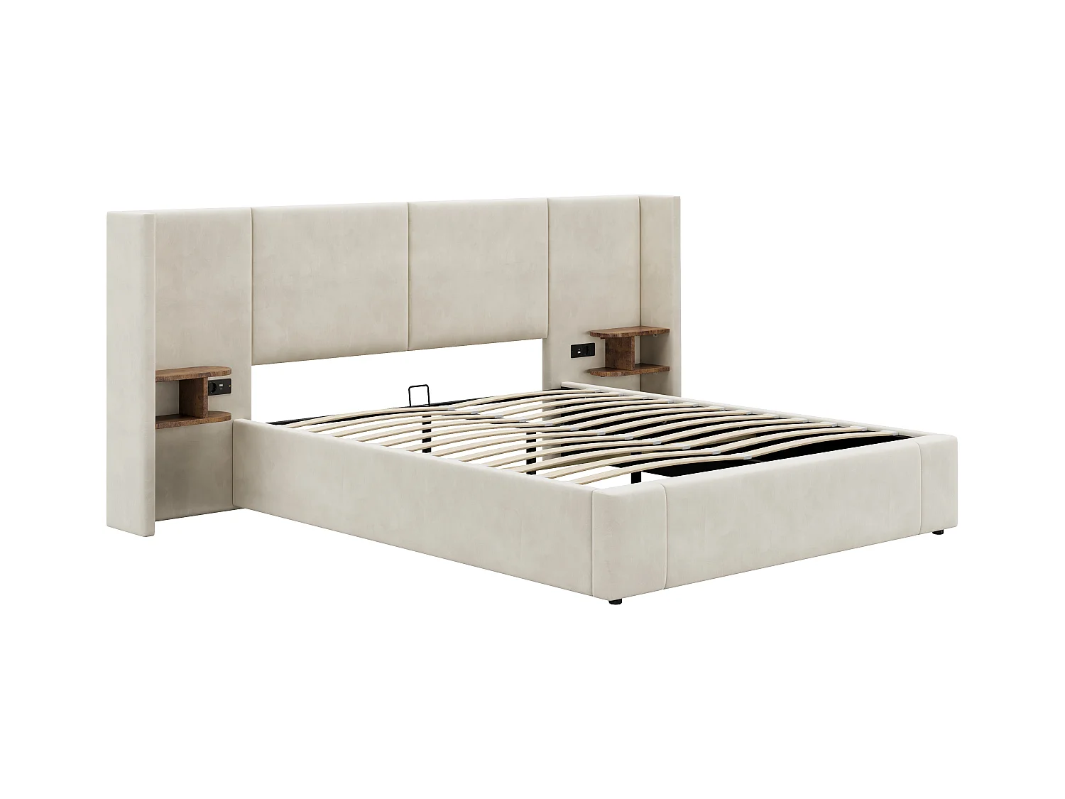 Lit coffre 160 x 200 cm avec grand tête de lit - 2 tables de chevet et port USB - Velours - Beige(sans matelas)