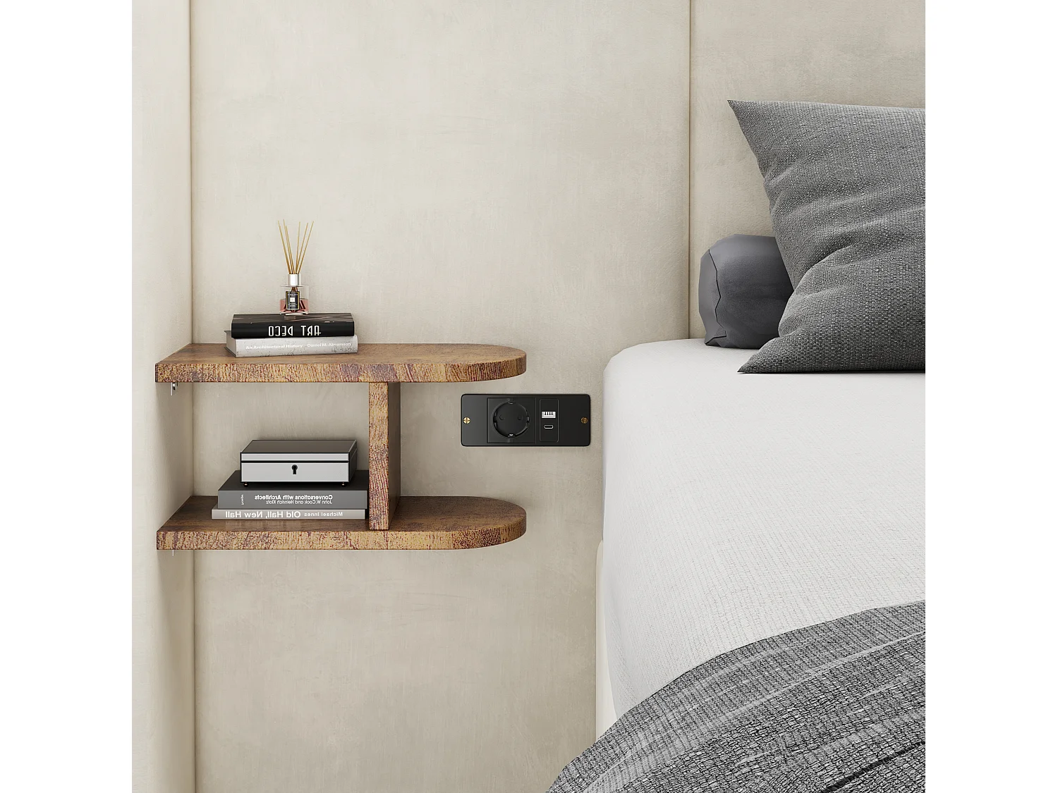 Lit coffre 160 x 200 cm avec grand tête de lit - 2 tables de chevet et port USB - Velours - Beige(sans matelas)