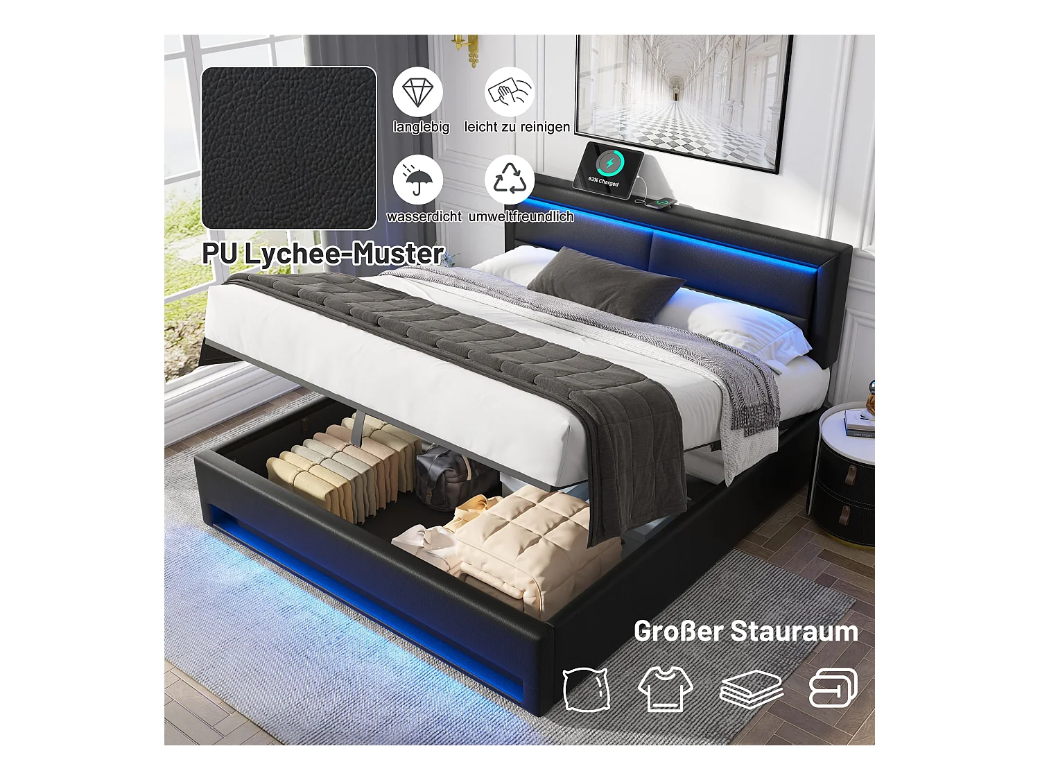 Bettkasten 140 x 190 mit Kopfteil – USB- und LED-Anschlüsse – PU-Leder – Lattenrost – Schwarz (ohne Matratze)