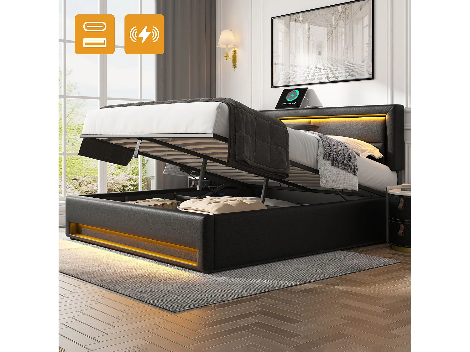 Lit coffre 140 x 190 avec tête de lit - Prises USB et LEDs - Cuir PU - Sommier à lattes - Noir(sans matelas)