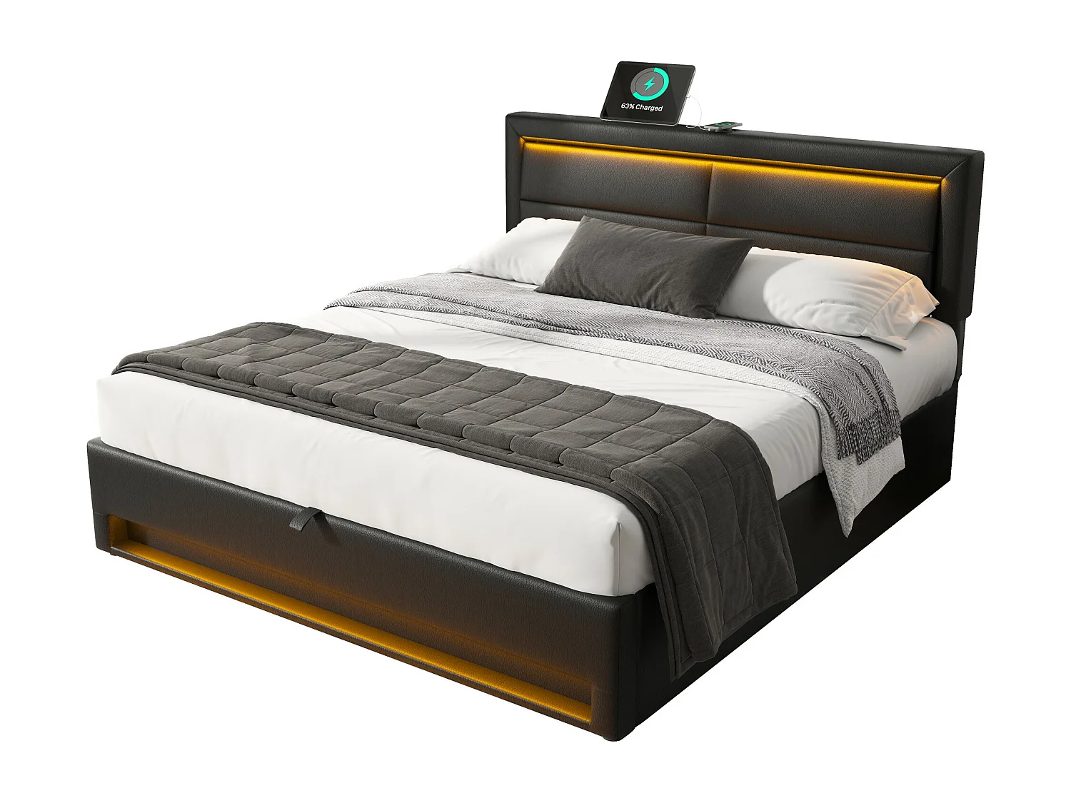Lit coffre 140 x 190 avec tête de lit - Prises USB et LEDs - Cuir PU - Sommier à lattes - Noir(sans matelas)