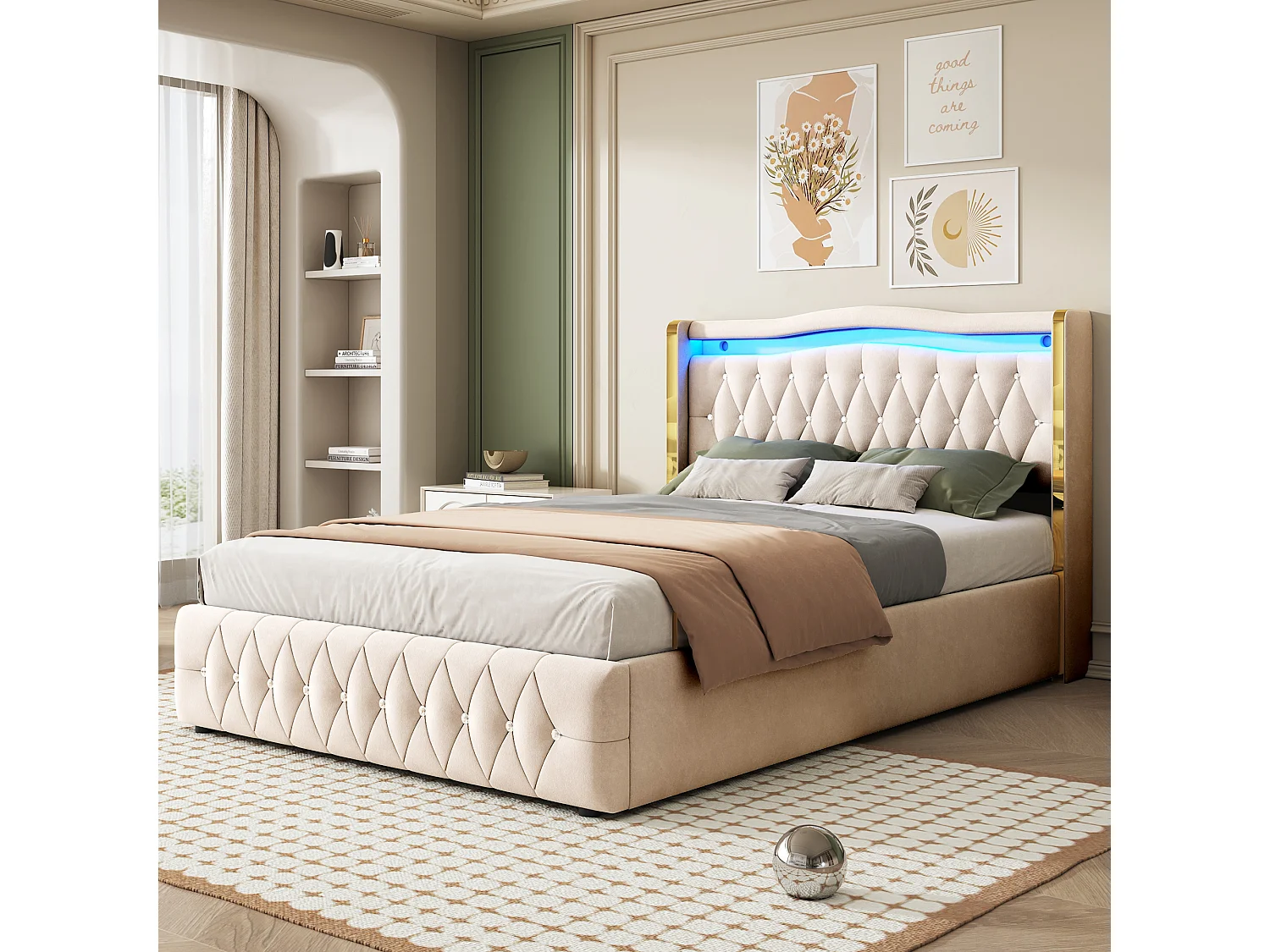 Stauraumbett 140 x 200 cm Kopfteil – LEDs – Samt – Rautendekor – Beige (ohne Matratze)