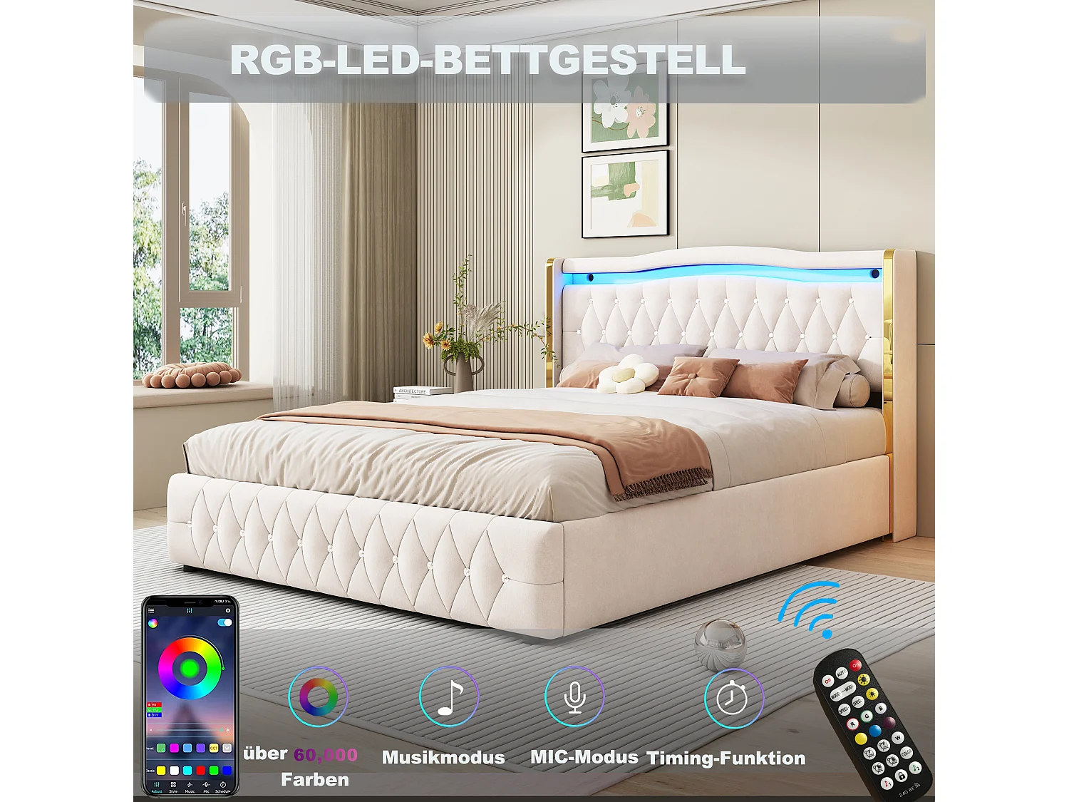 Stauraumbett 140 x 200 cm Kopfteil – LEDs – Samt – Rautendekor – Beige (ohne Matratze)