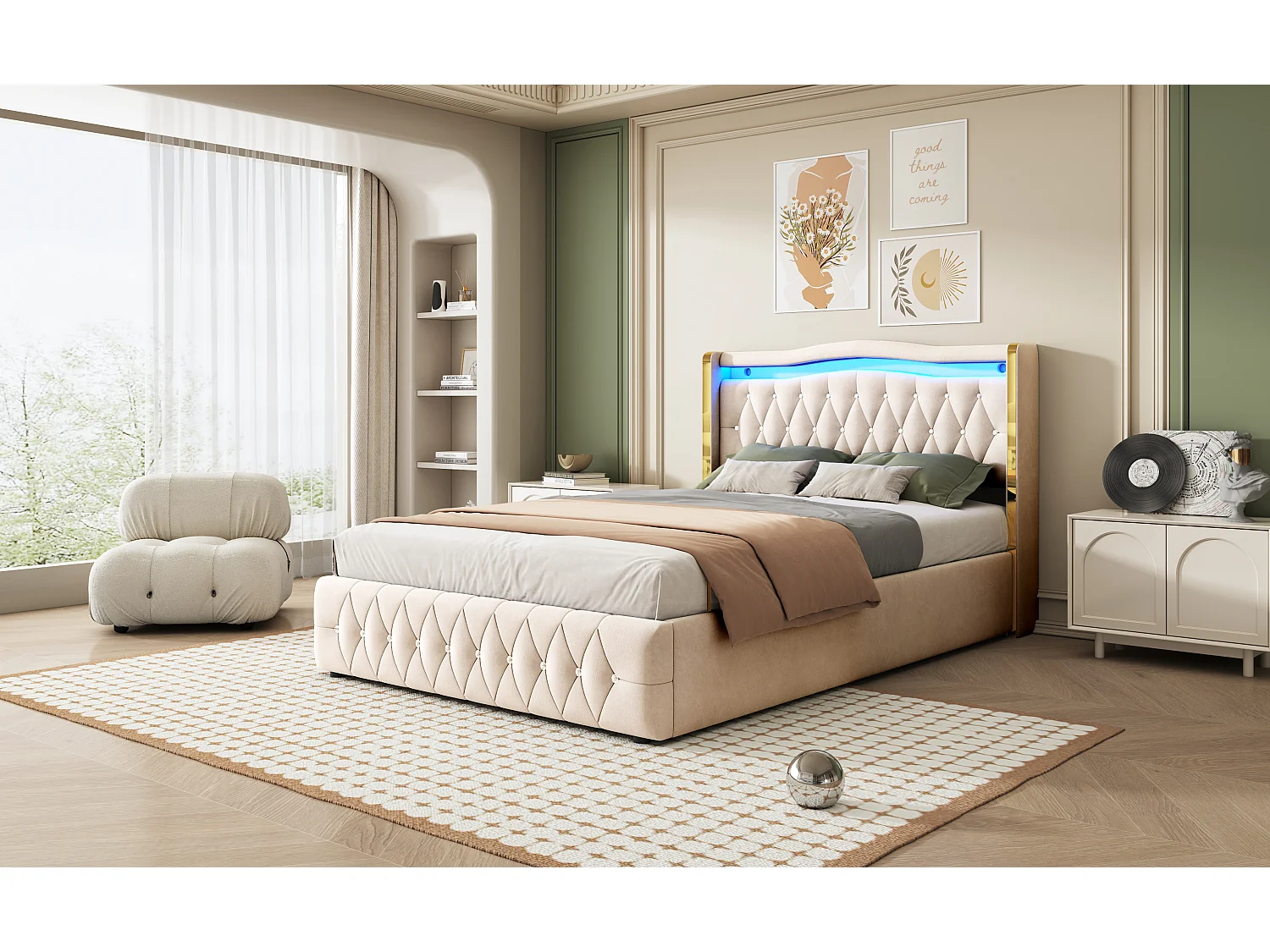 Stauraumbett 140 x 200 cm Kopfteil – LEDs – Samt – Rautendekor – Beige (ohne Matratze)