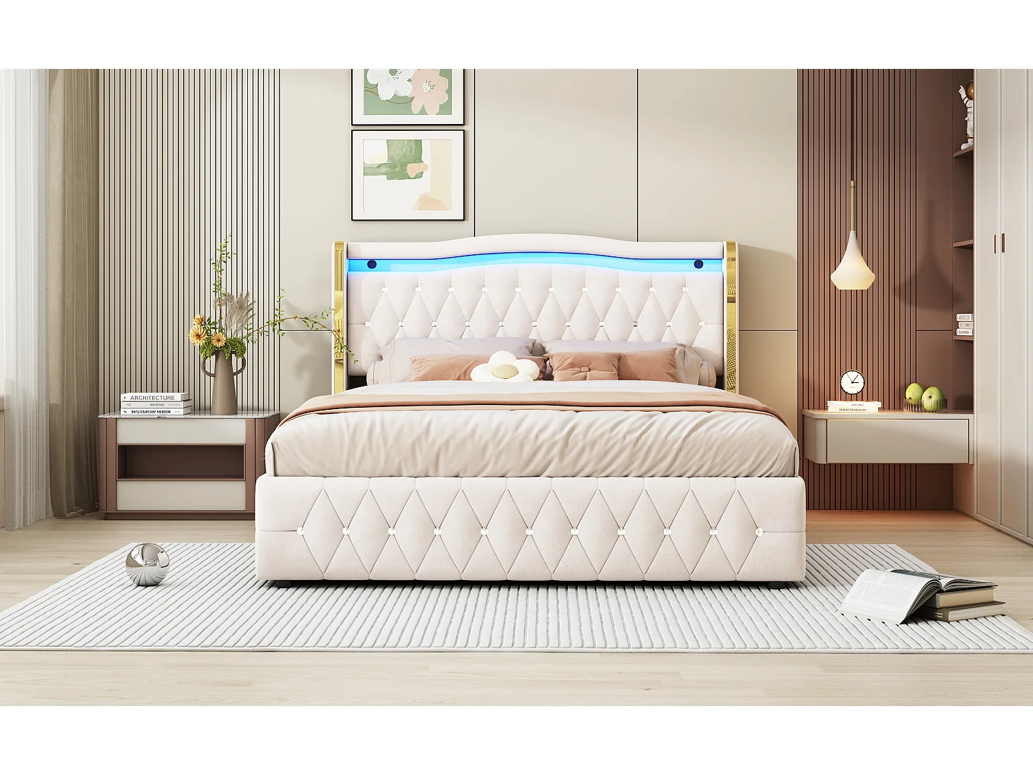 Cabecero cama contenedor 160 x 200 cm - LEDs - Terciopelo - Decoración rombos - Beige (sin colchón)