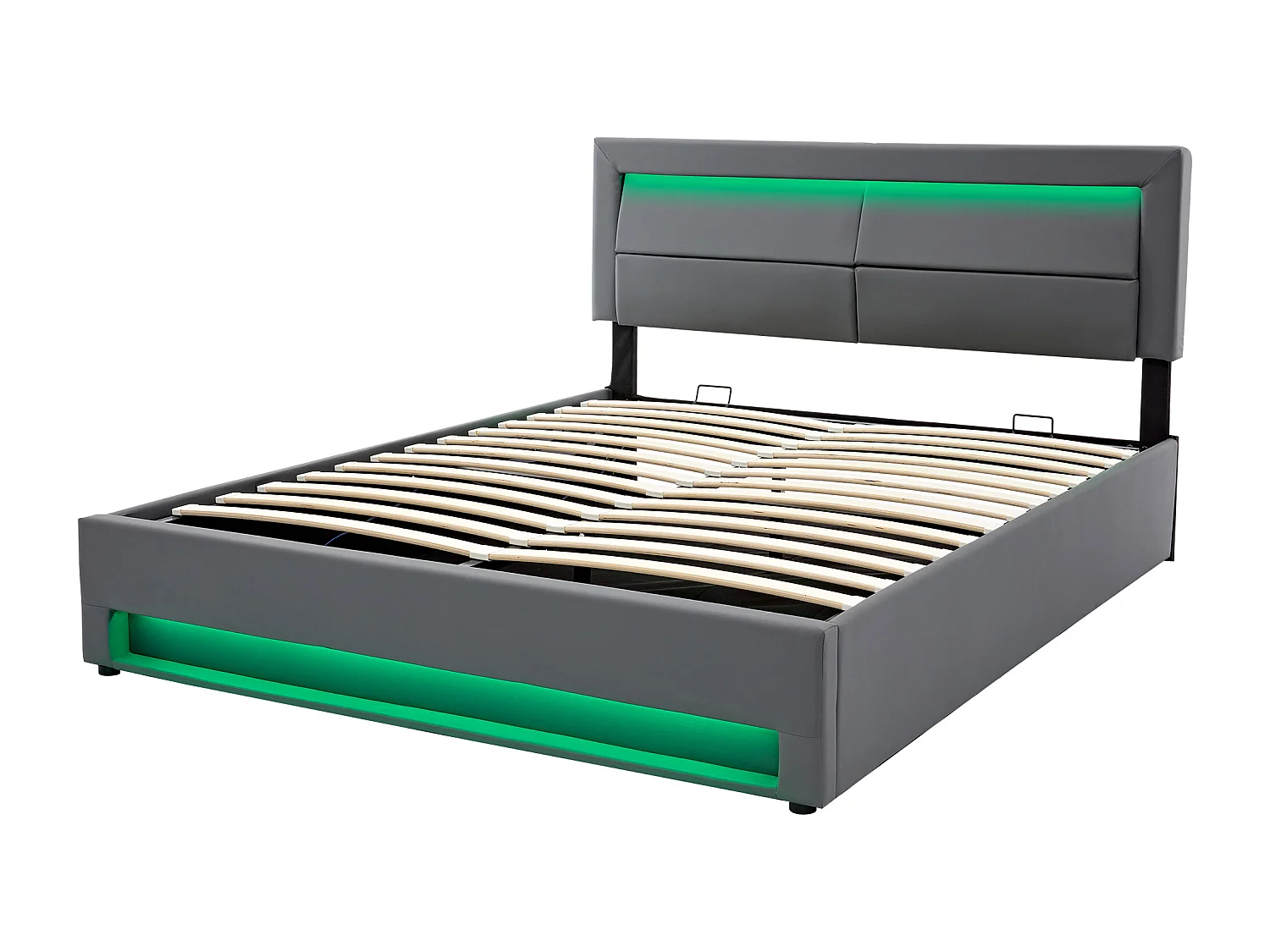 Cama con cabecero de 160 x 200 cm - Tomas USB y LED - Piel sintética - Somier de láminas - Gris (sin colchón)