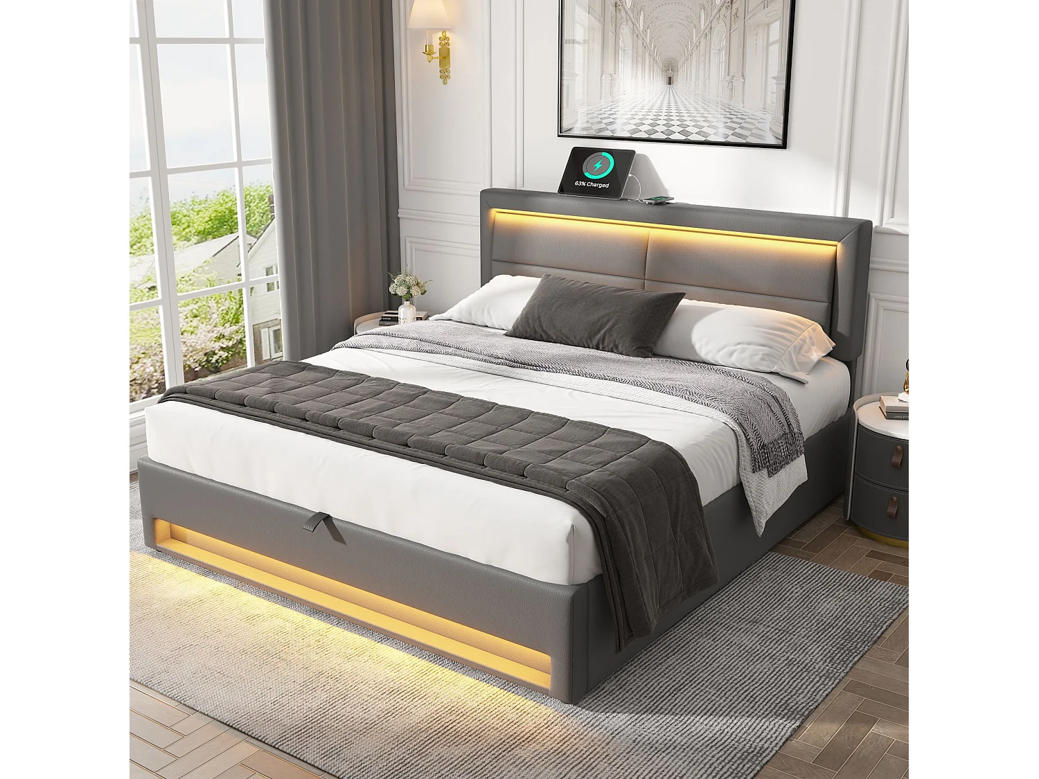 160 x 200 Stauraumbett mit Kopfteil - USB-Steckdosen und LEDs - PU-Leder - Lattenrost - Grau (ohne Matratze)