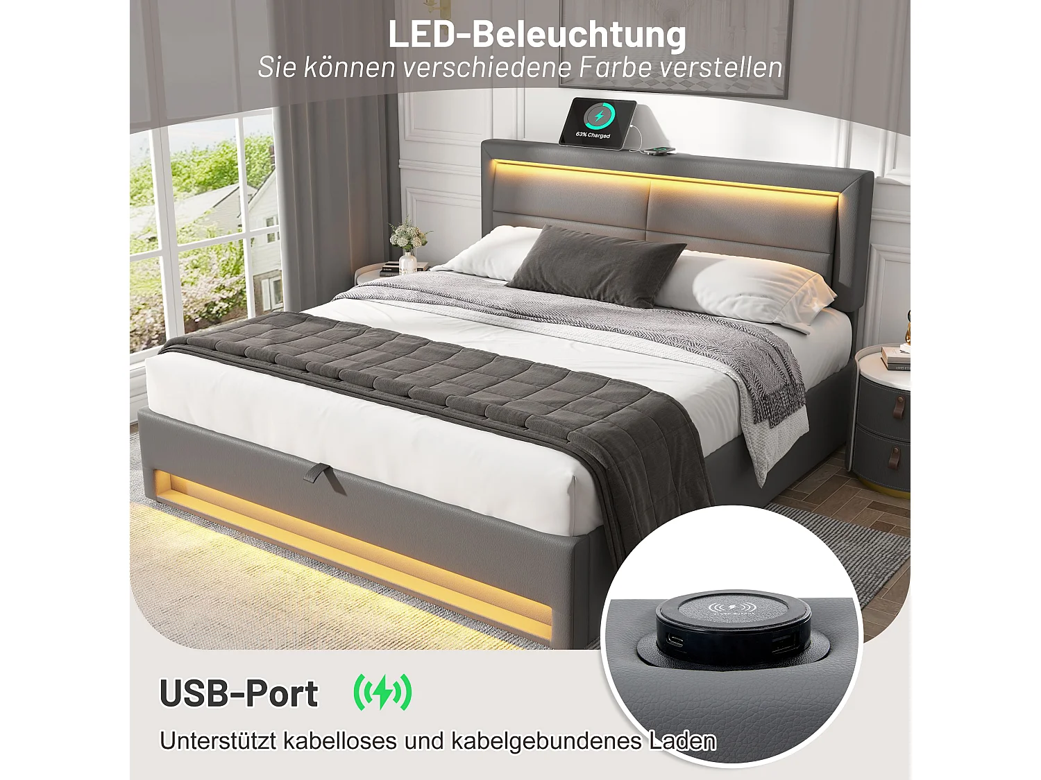 160 x 200 Stauraumbett mit Kopfteil - USB-Steckdosen und LEDs - PU-Leder - Lattenrost - Grau (ohne Matratze)