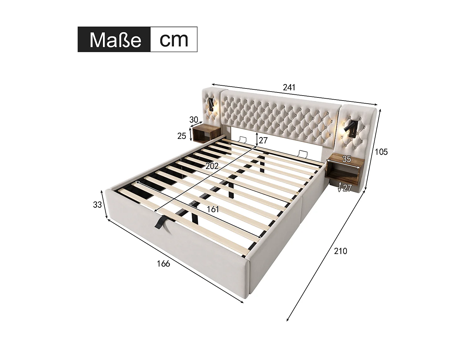 Opbergbed 160 x 200 cm met hoofdeinde en 2 nachtkastjes - leeslamp en USB-aansluitingen - Fluweel - Beige (zonder matras)