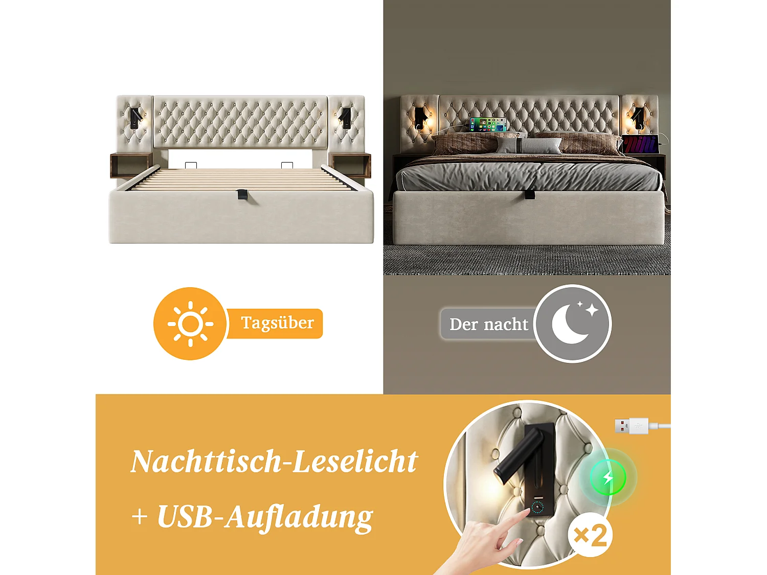 Opbergbed 160 x 200 cm met hoofdeinde en 2 nachtkastjes - leeslamp en USB-aansluitingen - Fluweel - Beige (zonder matras)