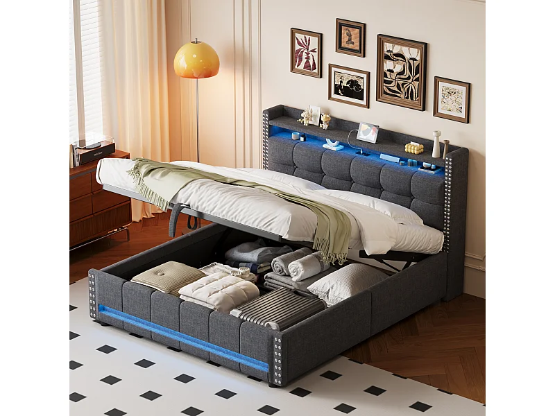 Lit coffre 160 x 200 cm avec tête de lit et étagères - LEDs + prise USB - Tissu en lin - Gris (sans matelas)