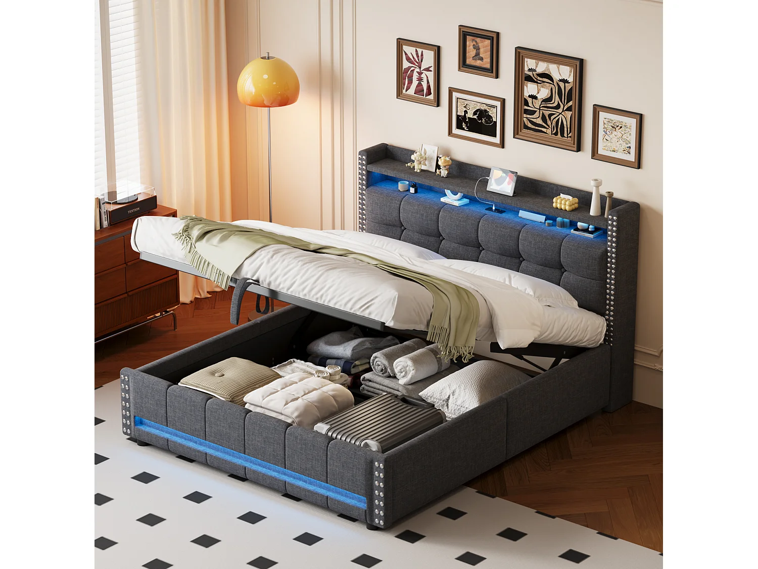 Lit coffre 160 x 200 cm avec tête de lit et étagères - LEDs + prise USB - Tissu en lin - Gris (sans matelas)