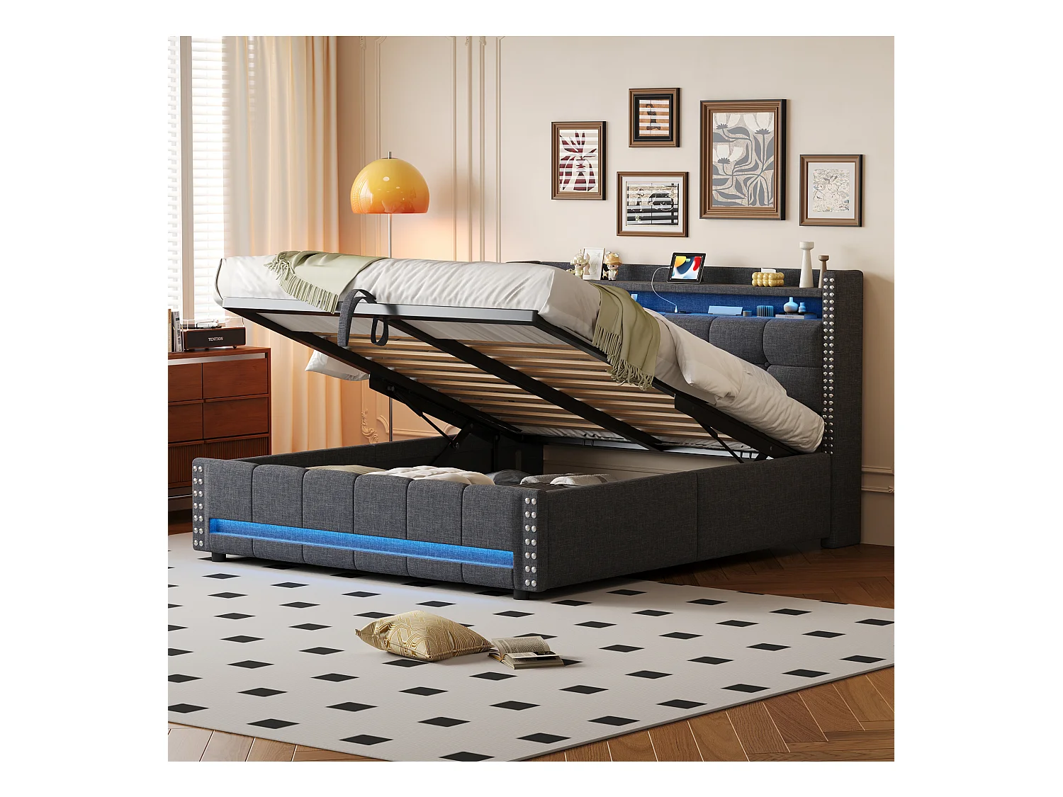 Lit coffre 160 x 200 cm avec tête de lit et étagères - LEDs + prise USB - Tissu en lin - Gris (sans matelas)