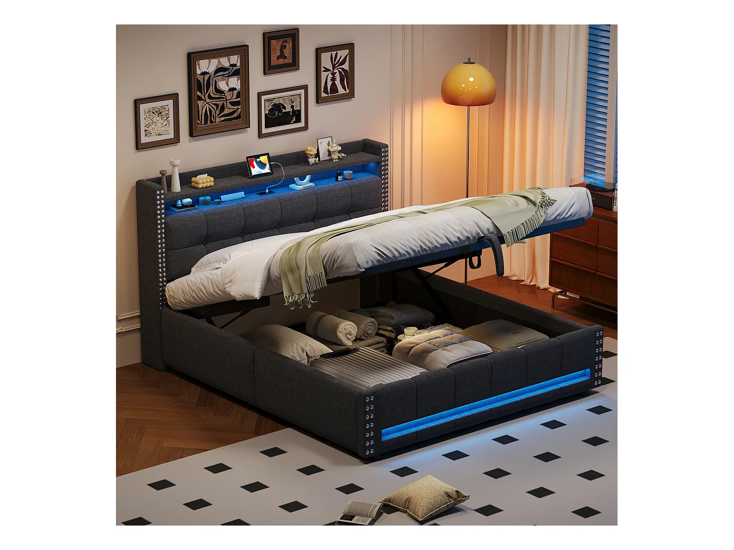 Lit coffre 160 x 200 cm avec tête de lit et étagères - LEDs + prise USB - Tissu en lin - Gris (sans matelas)