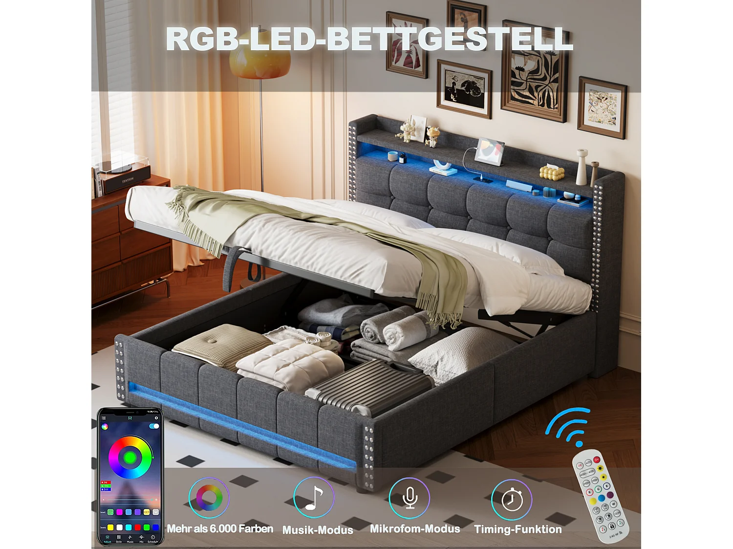 Lit coffre 160 x 200 cm avec tête de lit et étagères - LEDs + prise USB - Tissu en lin - Gris (sans matelas)