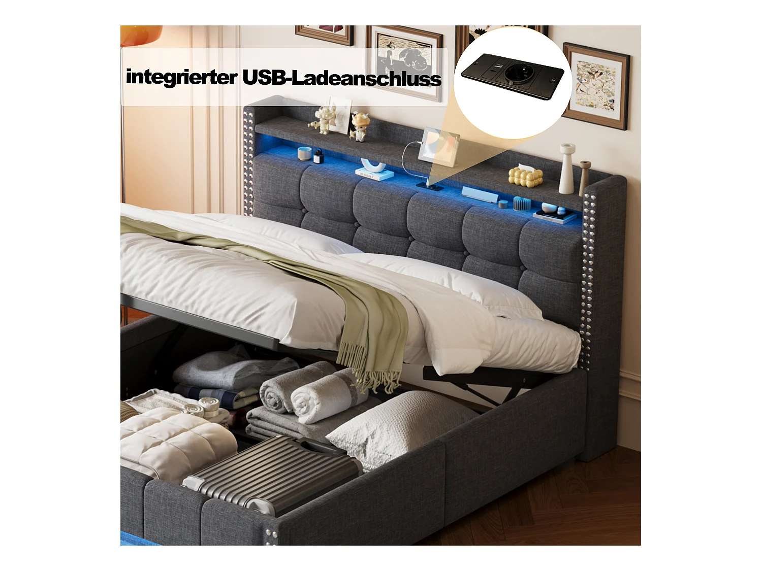 Lit coffre 160 x 200 cm avec tête de lit et étagères - LEDs + prise USB - Tissu en lin - Gris (sans matelas)