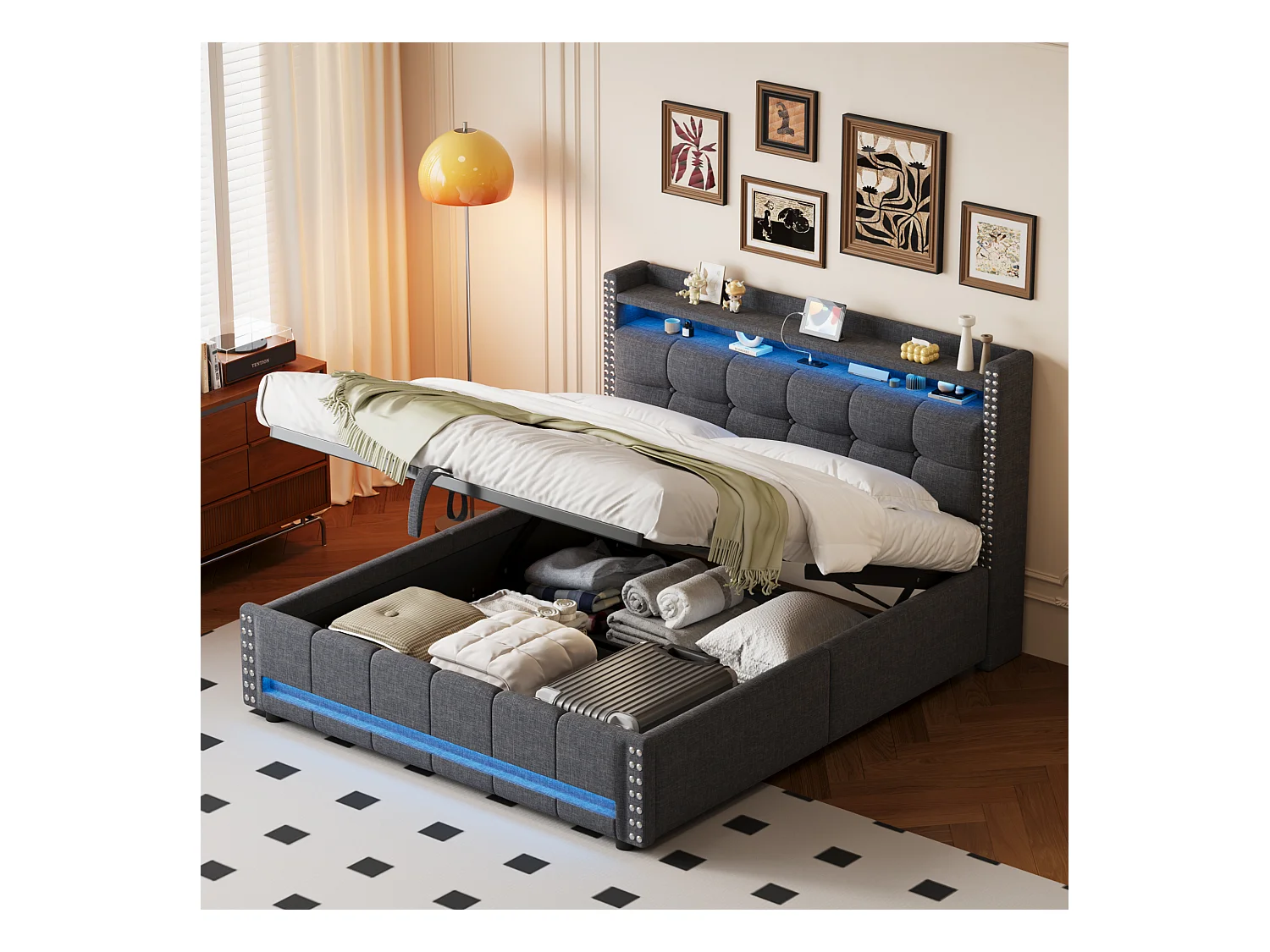 Bettkasten 160 x 200 cm mit Kopfteil und Regalen – LEDs + USB-Buchse – Leinenstoff – Grau (ohne Matratze)
